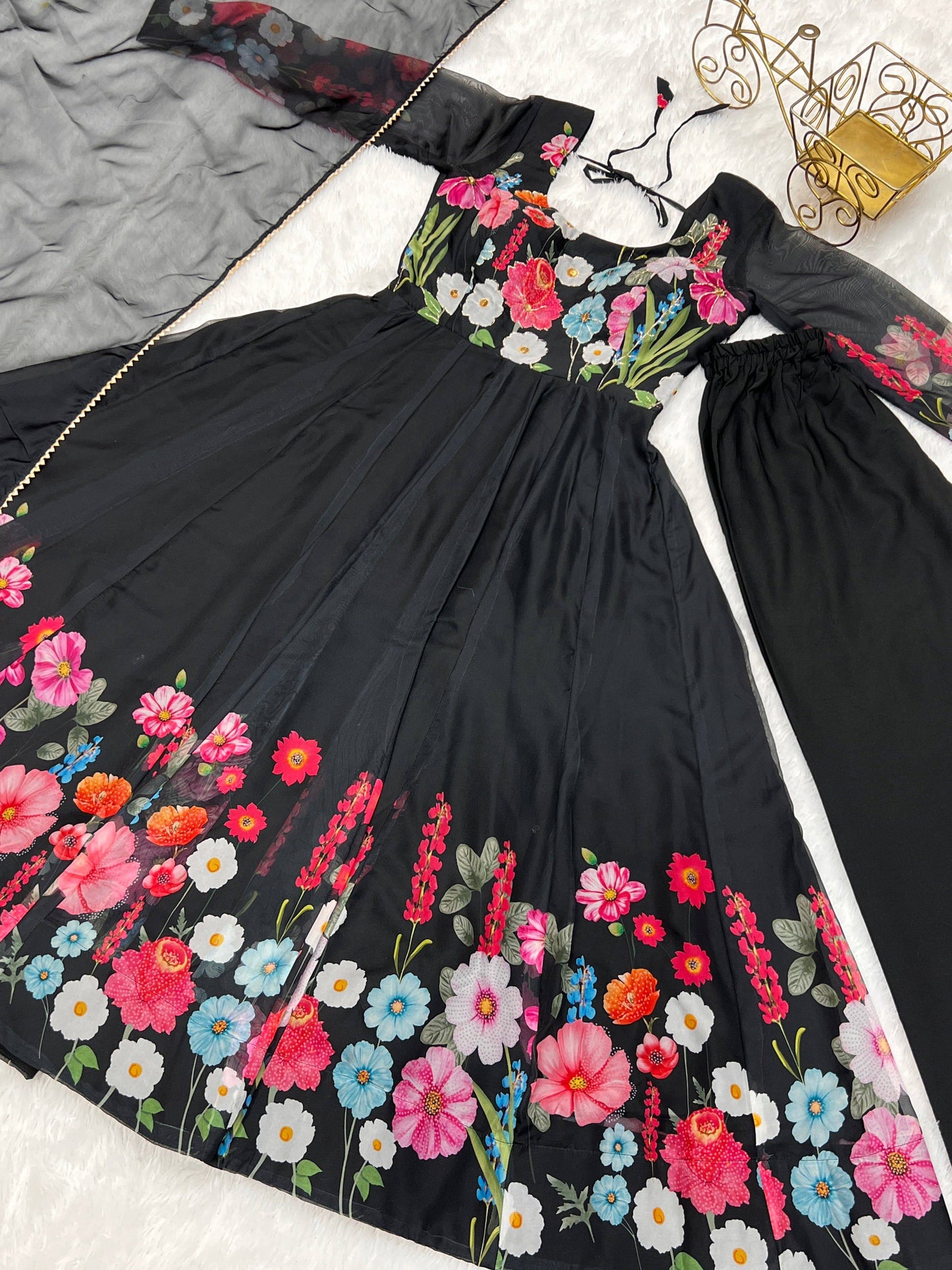 Breathtaking Organza Silk Floral Printed Designer Anarkali Pant Suit - Ethnicwish