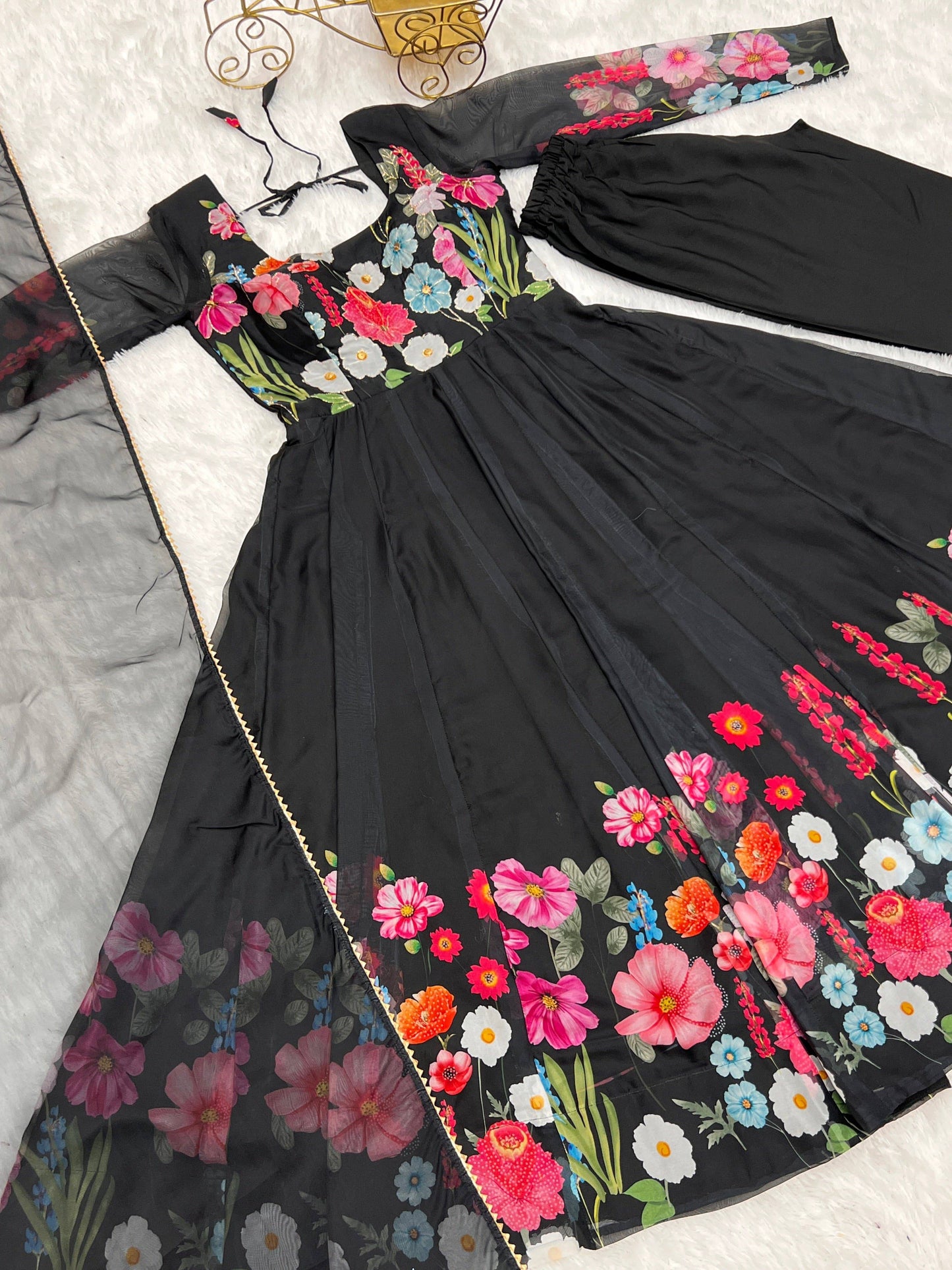 Breathtaking Organza Silk Floral Printed Designer Anarkali Pant Suit - Ethnicwish