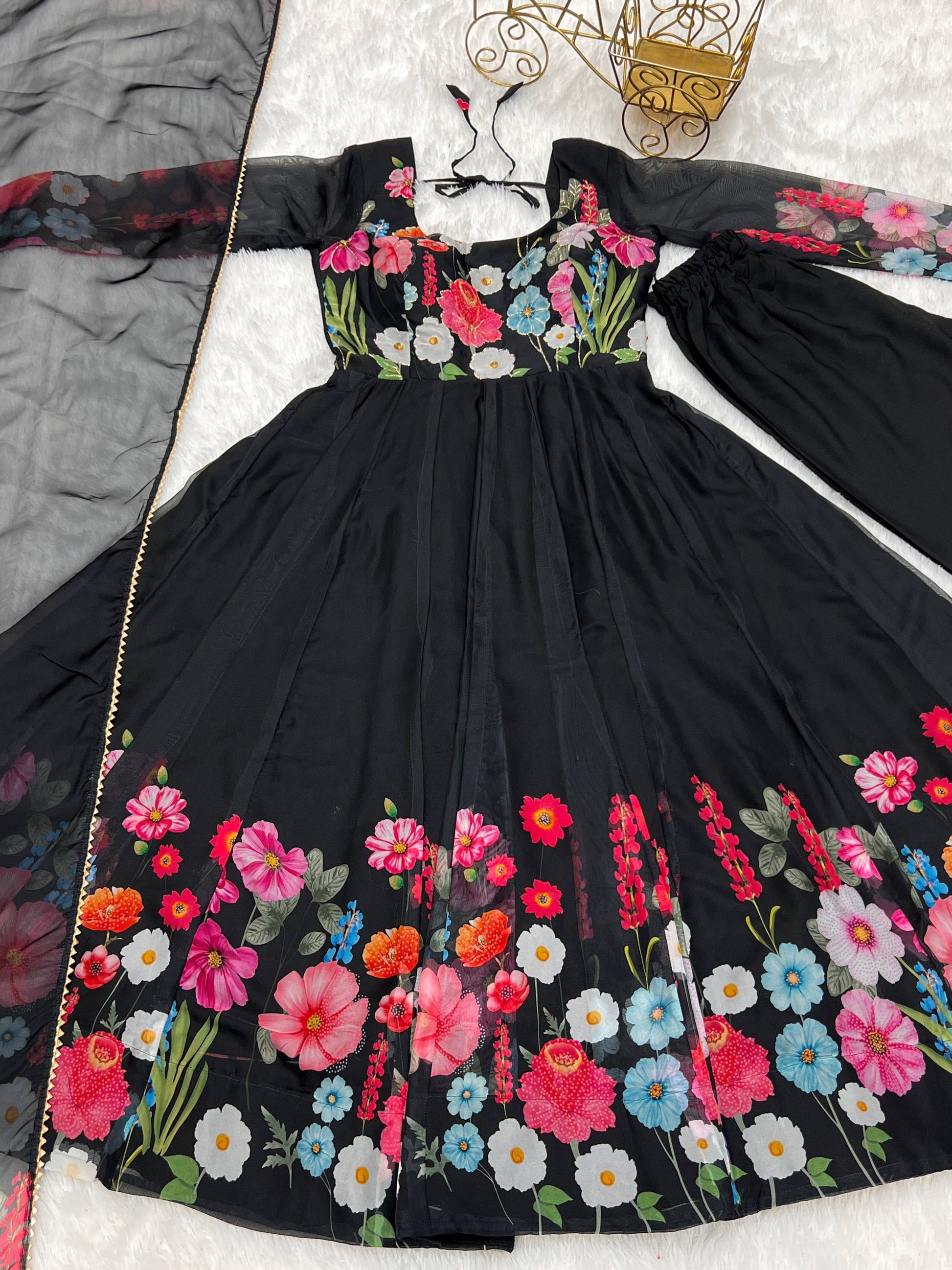 Breathtaking Organza Silk Floral Printed Designer Anarkali Pant Suit - Ethnicwish