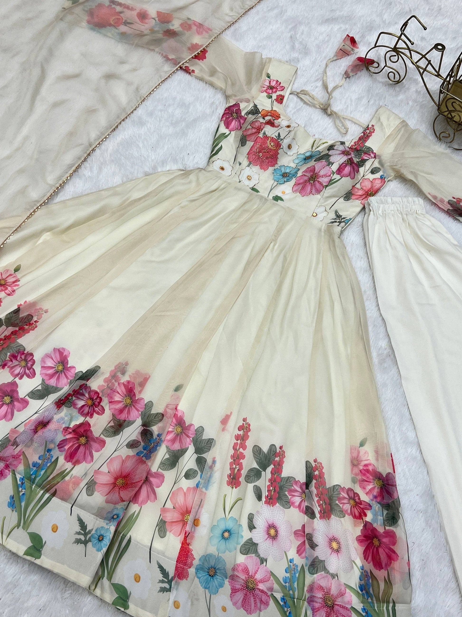 Breathtaking Organza Silk Floral Printed Designer Anarkali Pant Suit - Ethnicwish