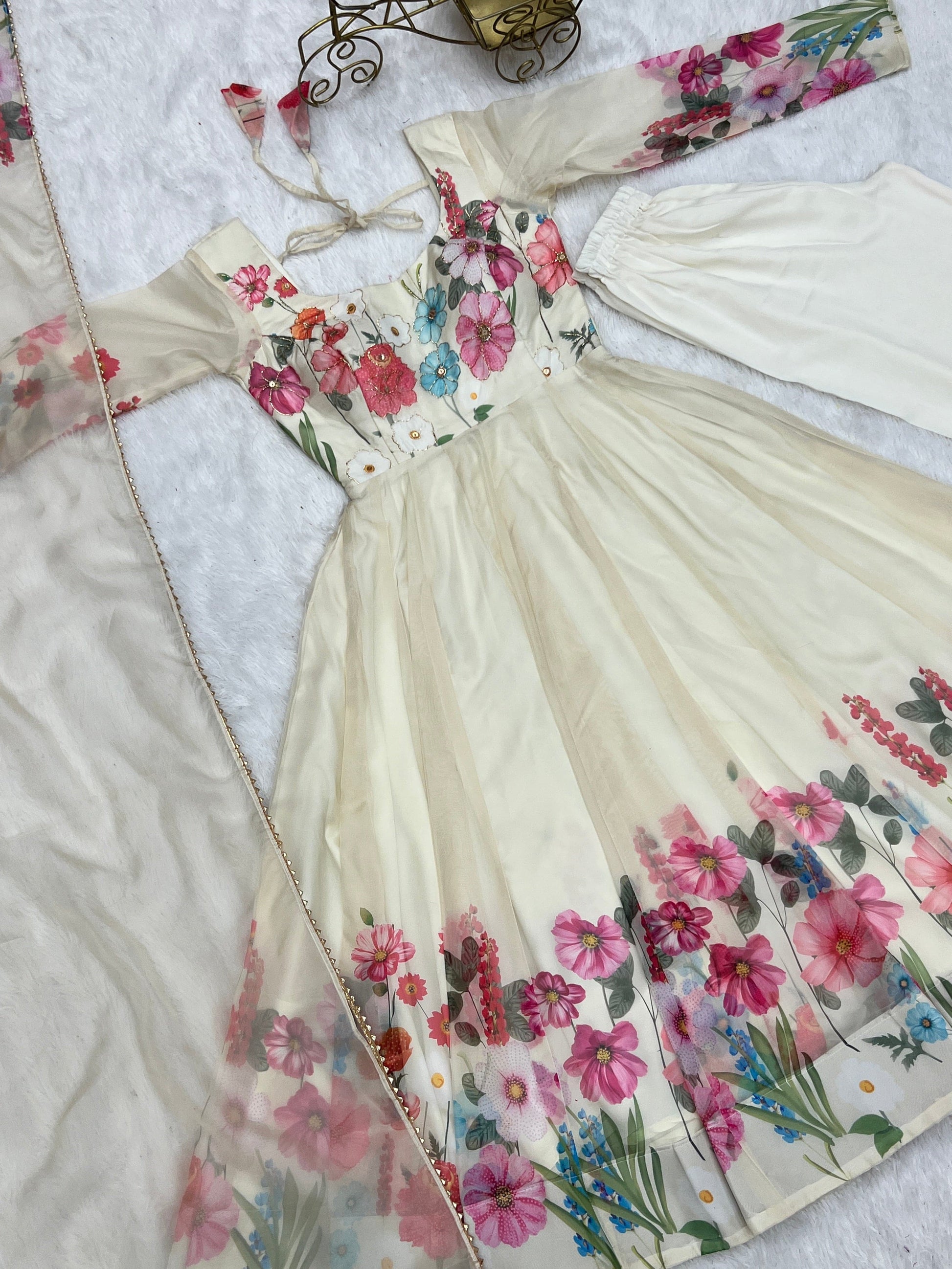 Breathtaking Organza Silk Floral Printed Designer Anarkali Pant Suit - Ethnicwish