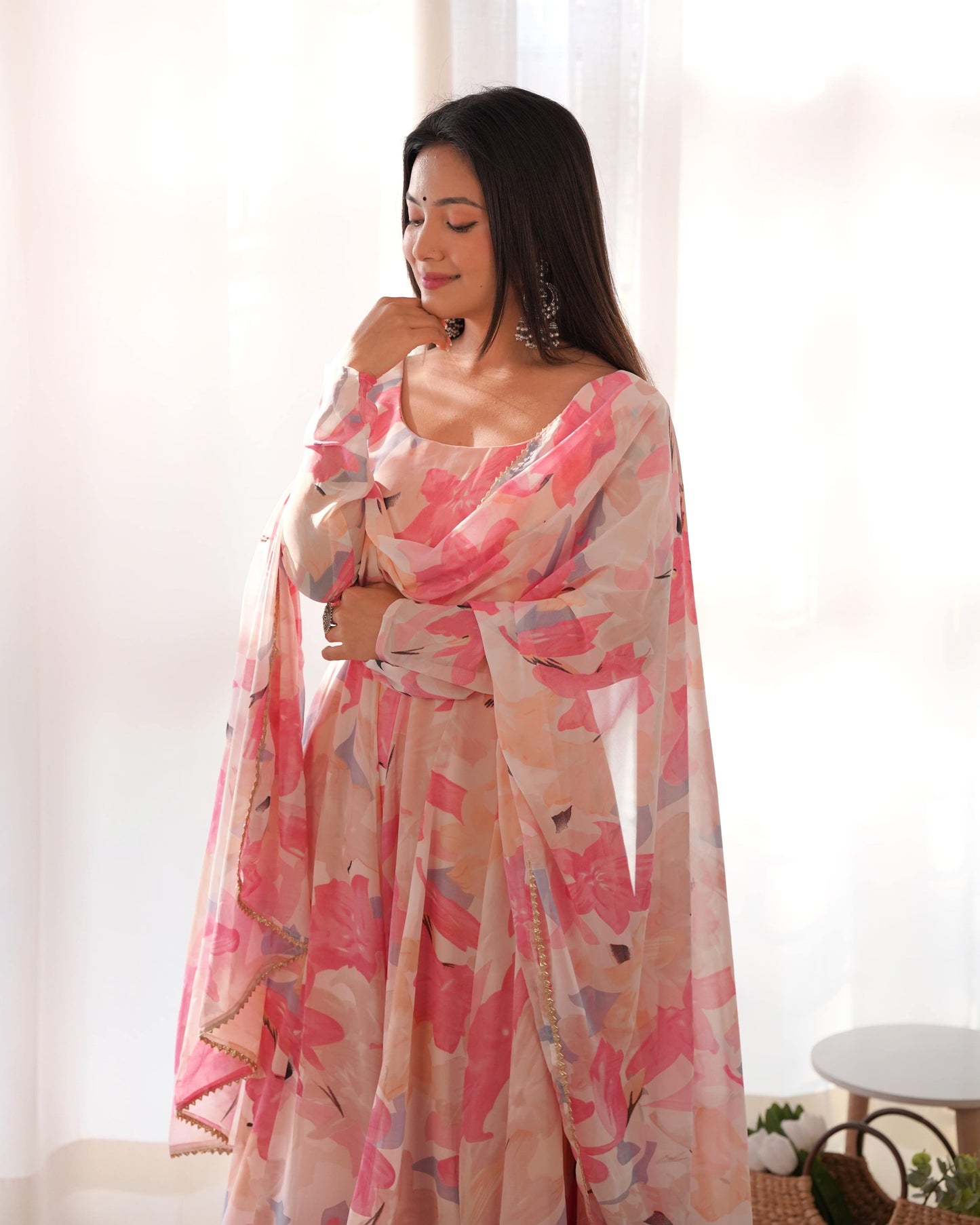 Bewitching Faux Georgette Printed Designer Anarkali Pant Suit - Ethnicwish