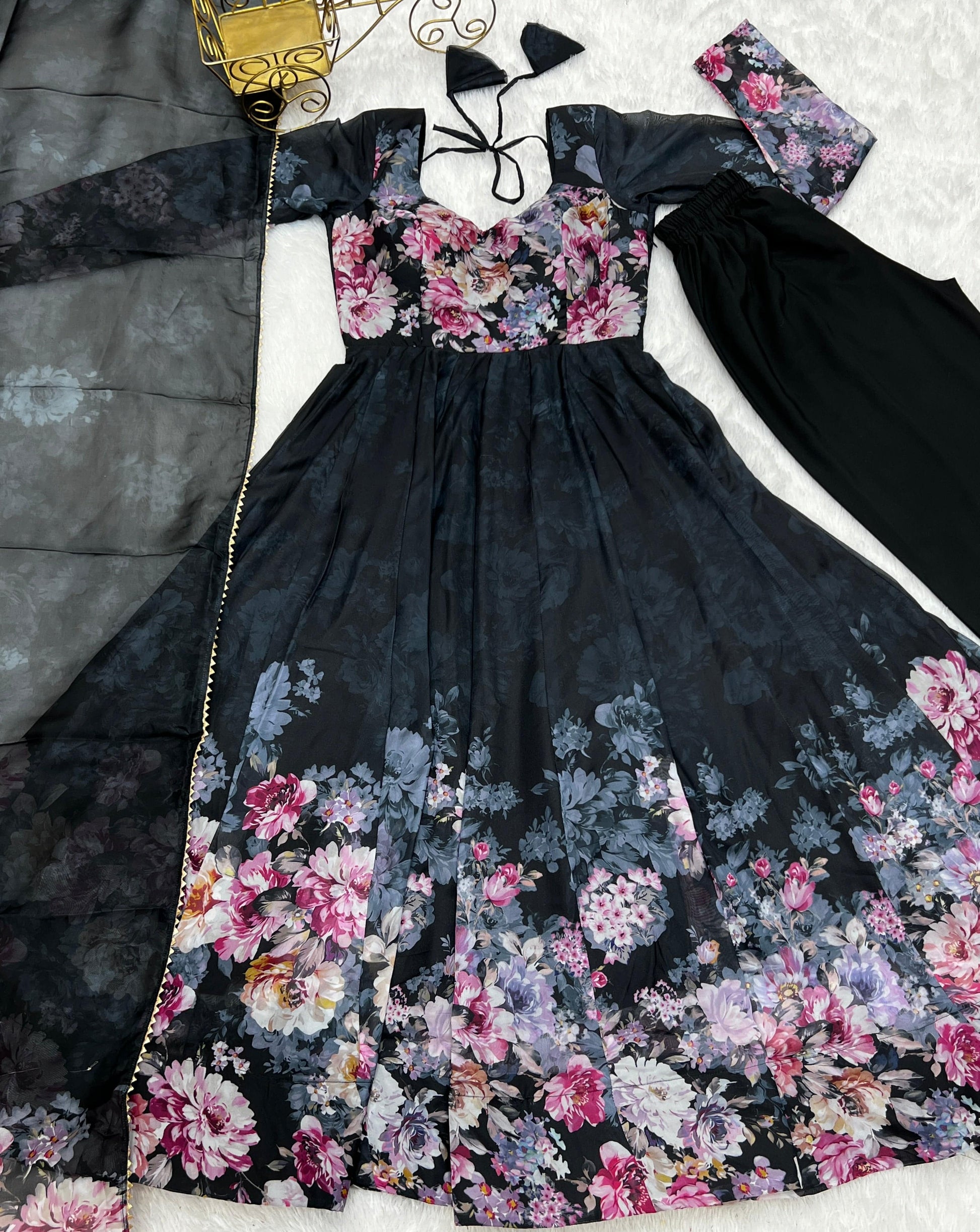 Lovely Organza Silk Floral Digital Printed Anarkali Pant Suit - Ethnicwish
