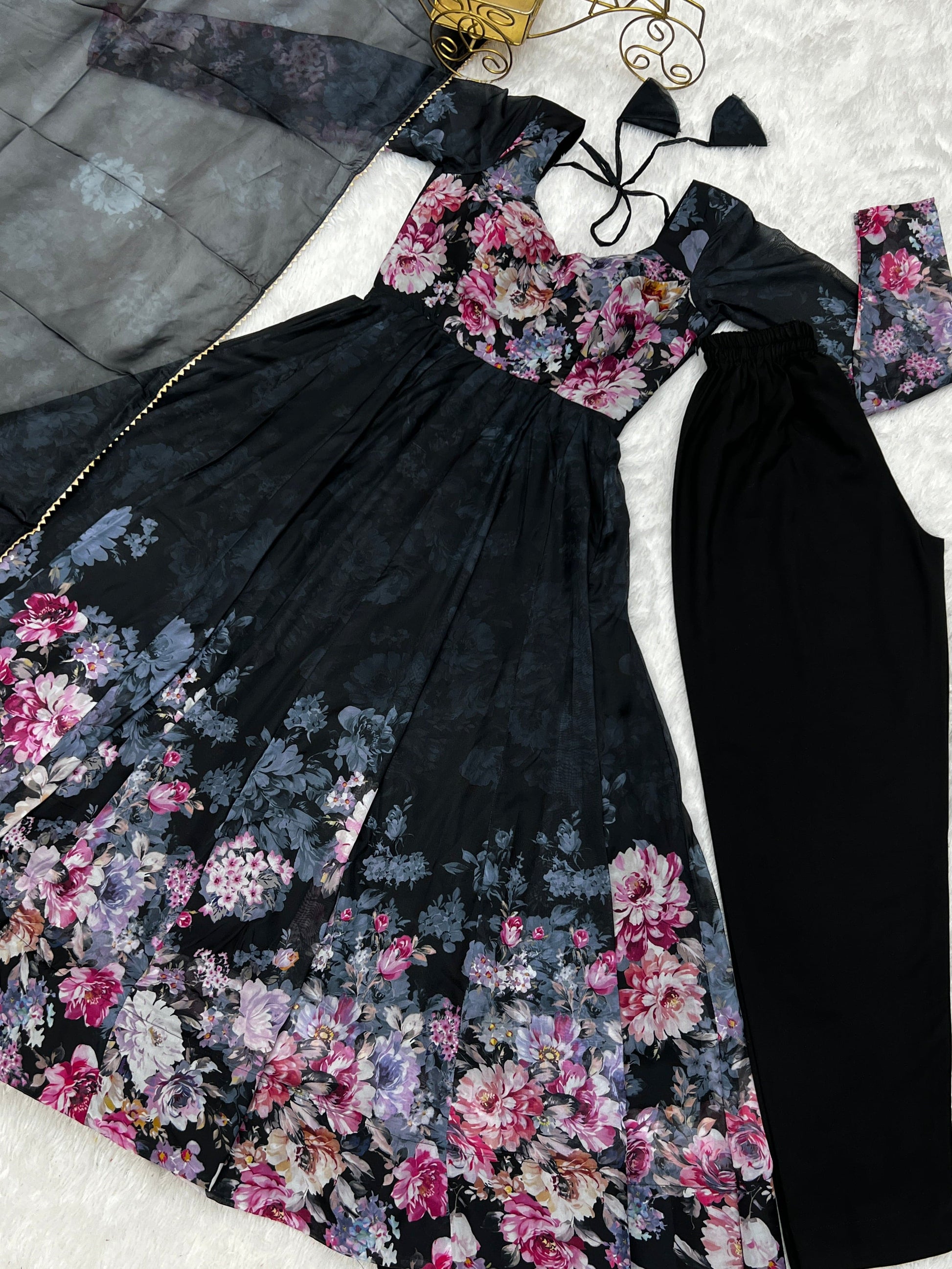 Lovely Organza Silk Floral Digital Printed Anarkali Pant Suit - Ethnicwish