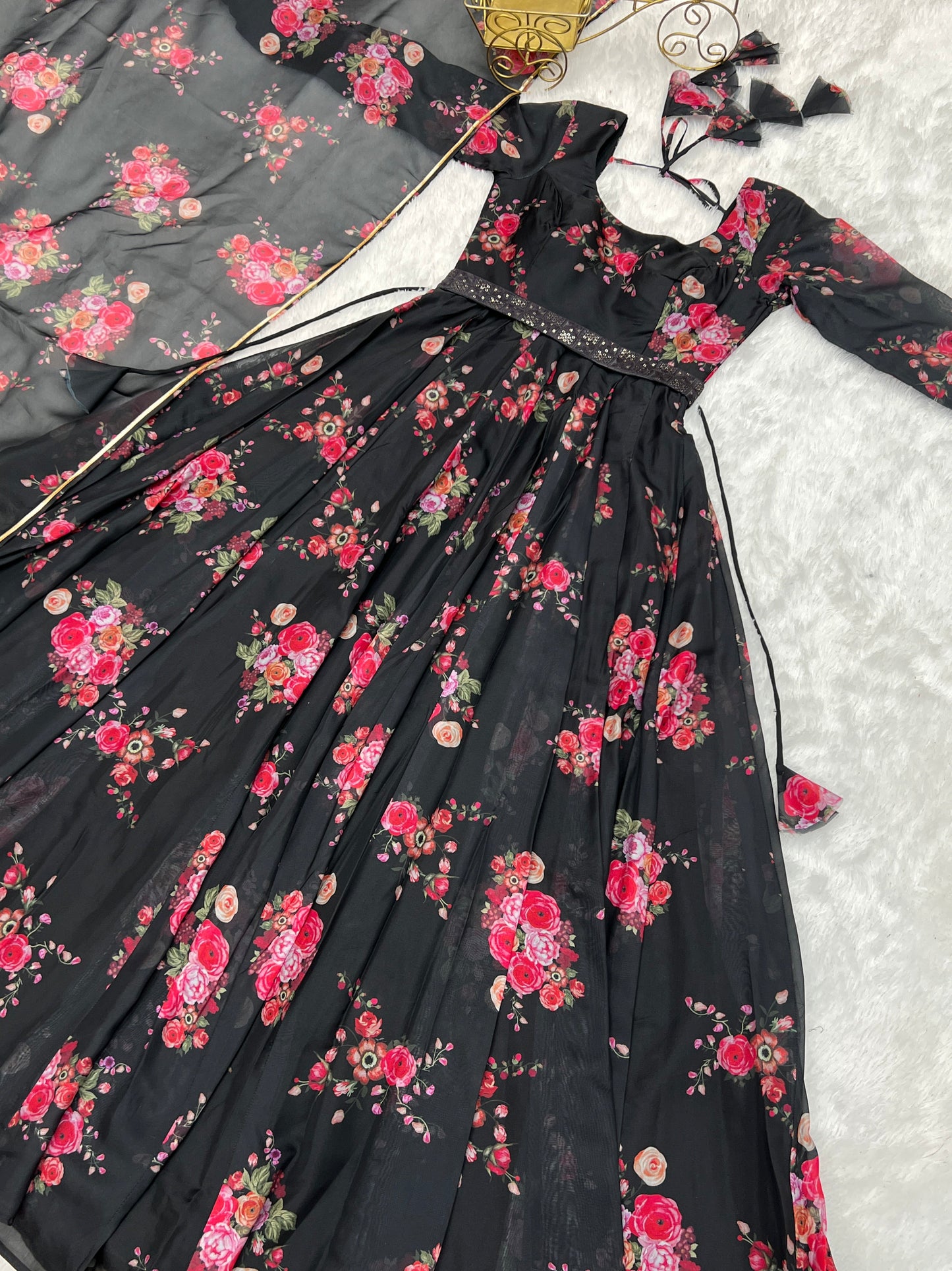 Glamorous Organza Silk Floral Printed Designer Anarkali Pant Suit - Ethnicwish