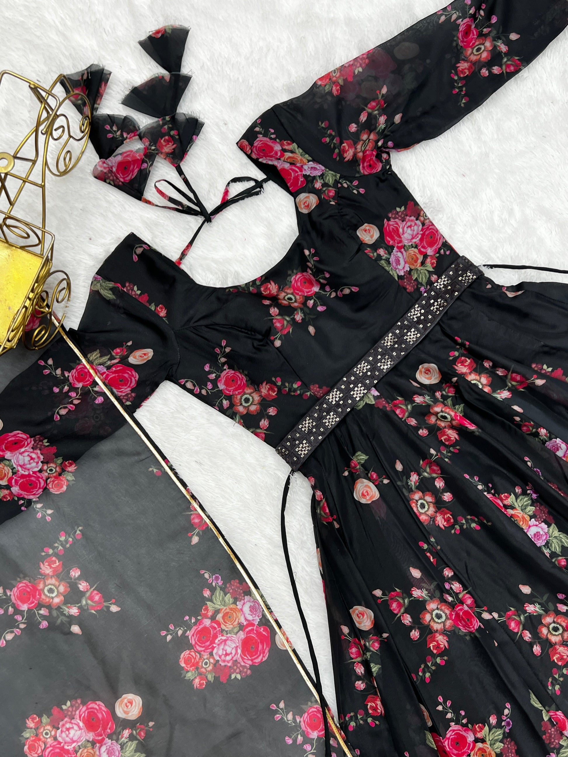Glamorous Organza Silk Floral Printed Designer Anarkali Pant Suit - Ethnicwish