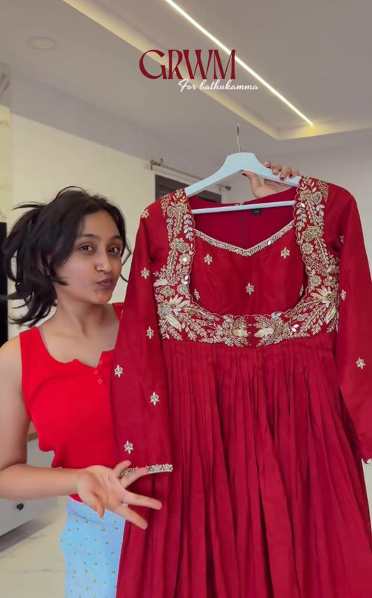 Red Chinon Silk Anarkali Pant Set with Mirror & Sequin Work