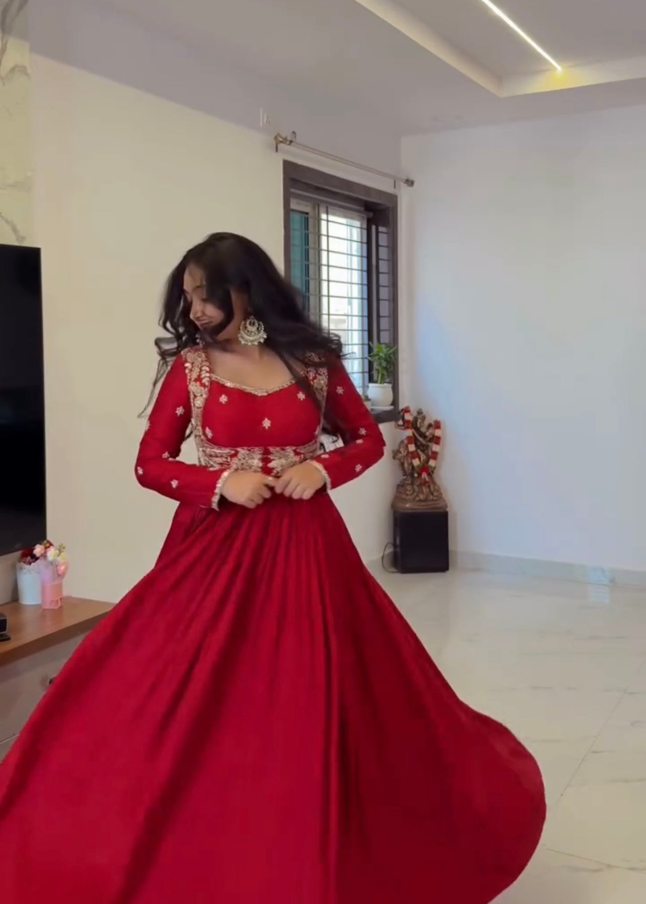 Red Chinon Silk Anarkali Pant Set with Mirror & Sequin Work