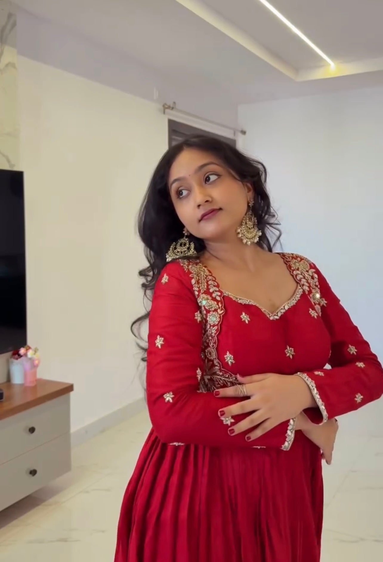 Red Chinon Silk Anarkali Pant Set with Mirror & Sequin Work