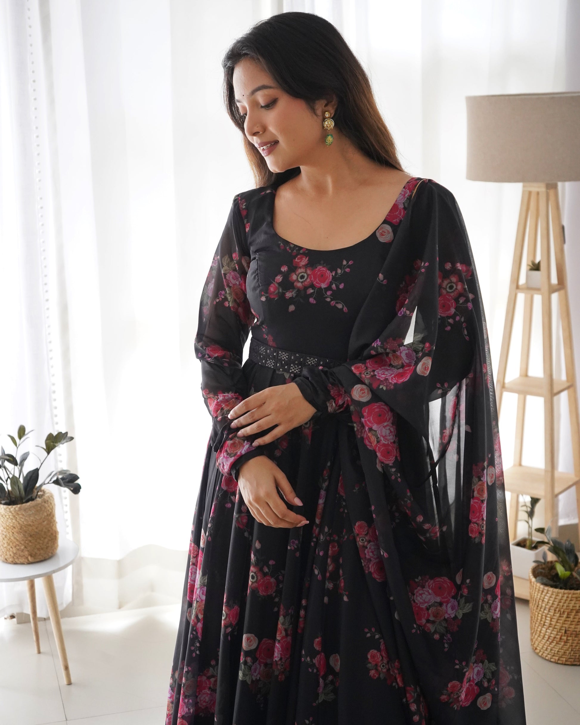Glamorous Organza Silk Floral Printed Designer Anarkali Pant Suit - Ethnicwish