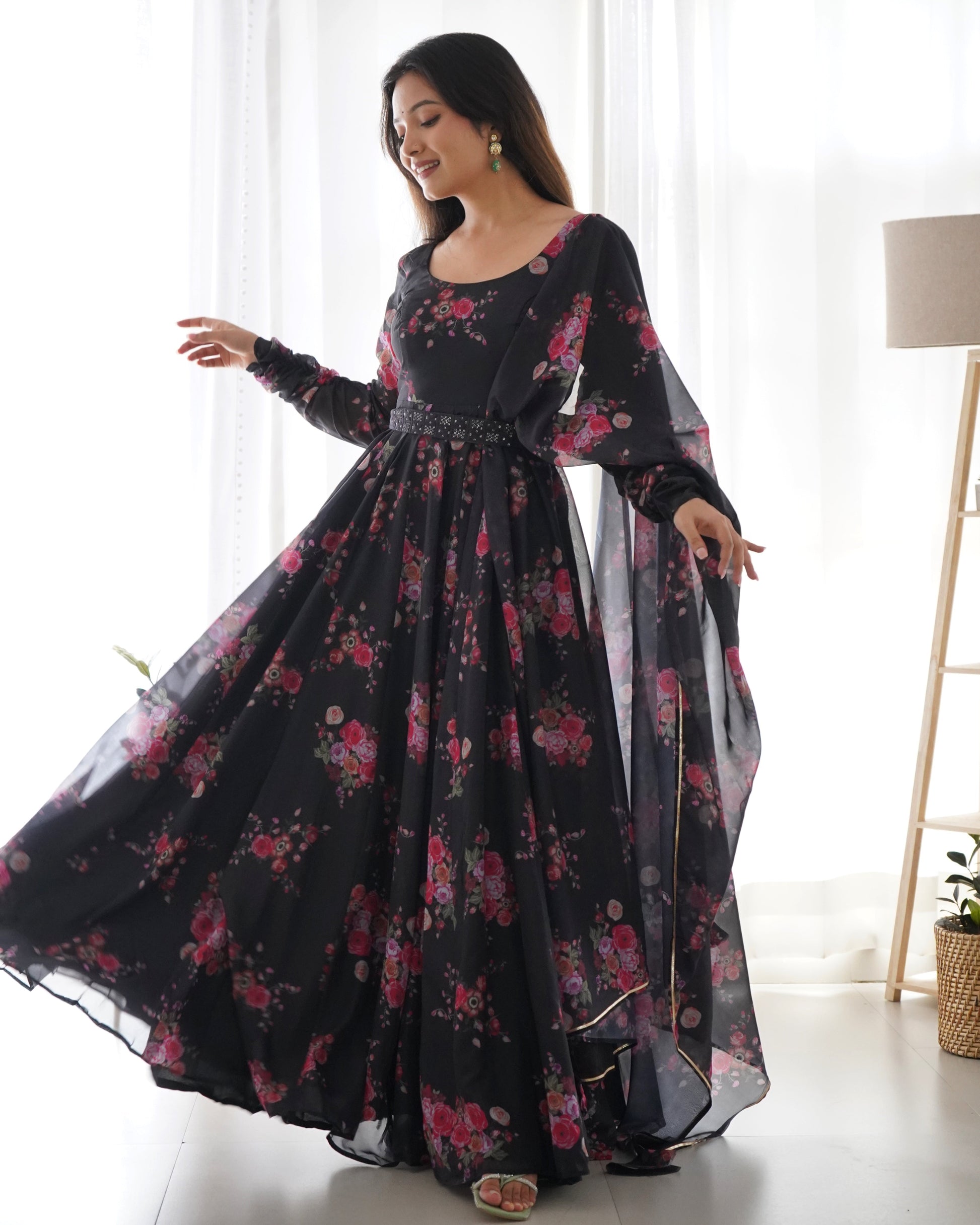 Glamorous Organza Silk Floral Printed Designer Anarkali Pant Suit - Ethnicwish