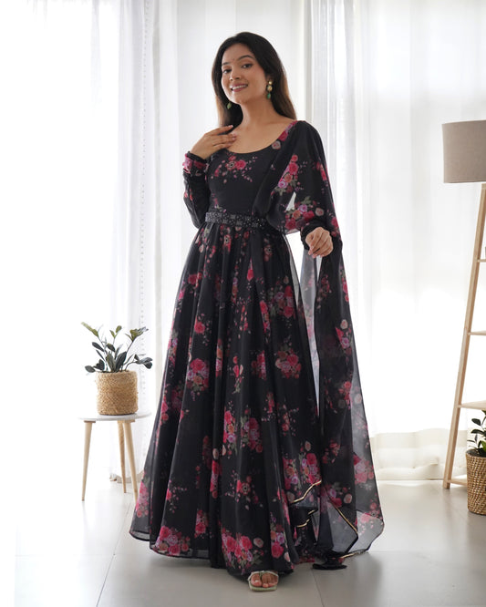 Glamorous Organza Silk Floral Printed Designer Anarkali Pant Suit - Ethnicwish