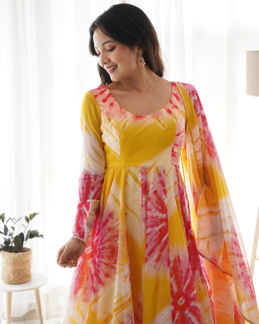Luminous Yellow Floral Printed Fully Stitched Anarkali Pant Suit - Ethnicwish