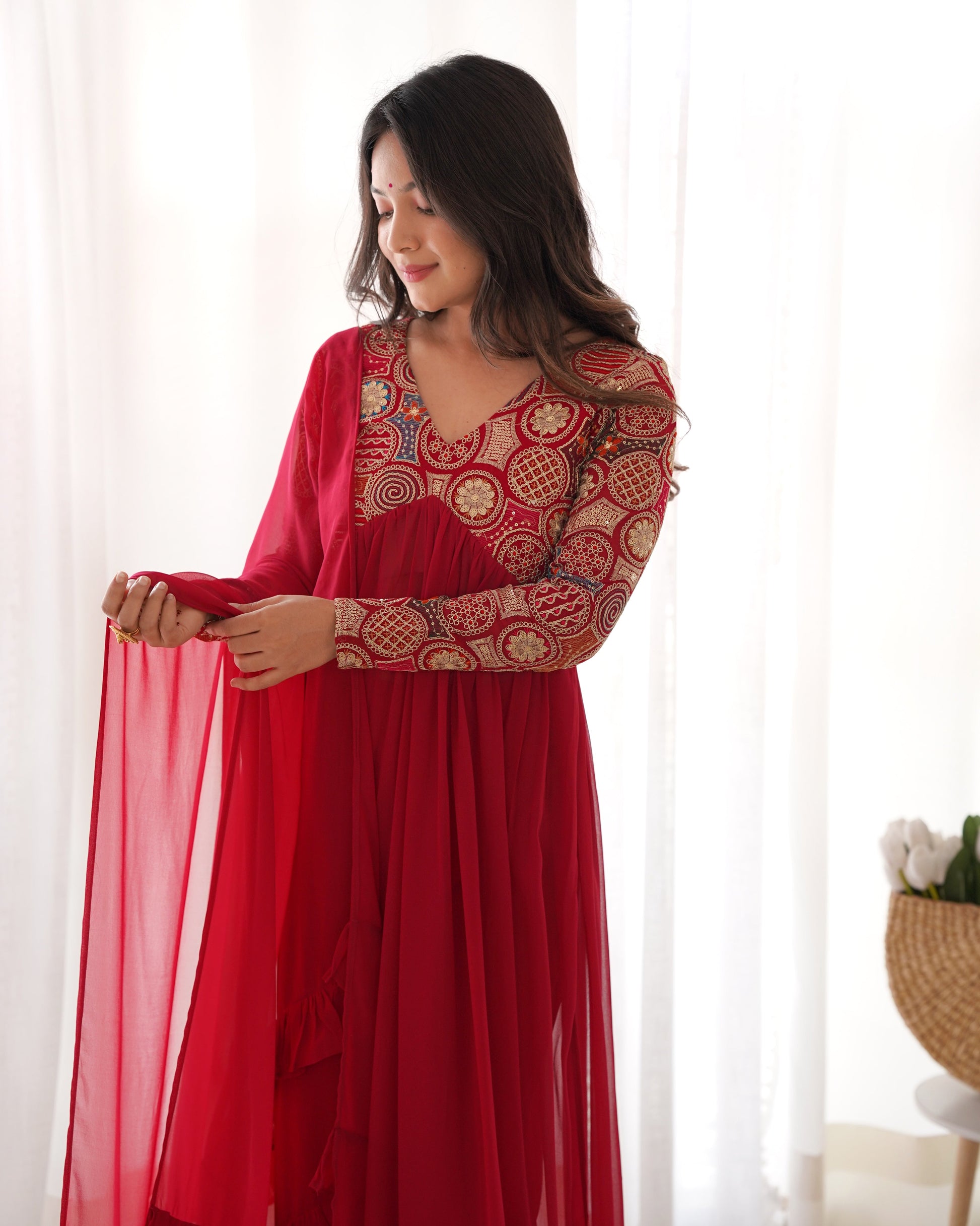 Classy Red Faux Georgette Sequins Dori Thread Zari Worked Anarkali Pant Suit - Ethnicwish