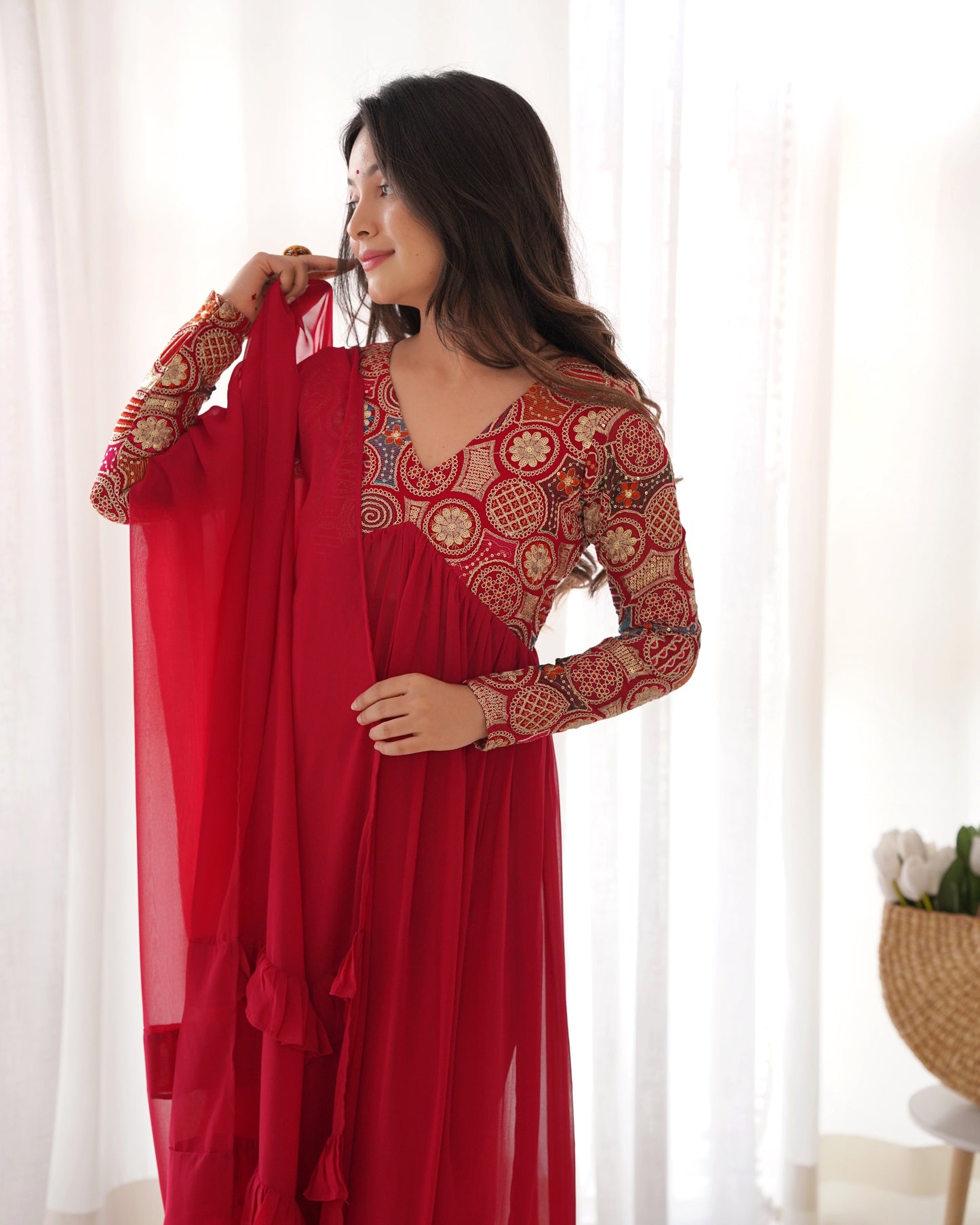 Classy Red Faux Georgette Sequins Dori Thread Zari Worked Anarkali Pant Suit - Ethnicwish