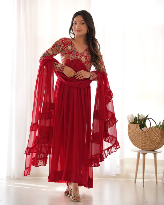 Classy Red Faux Georgette Sequins Dori Thread Zari Worked Anarkali Pant Suit - Ethnicwish