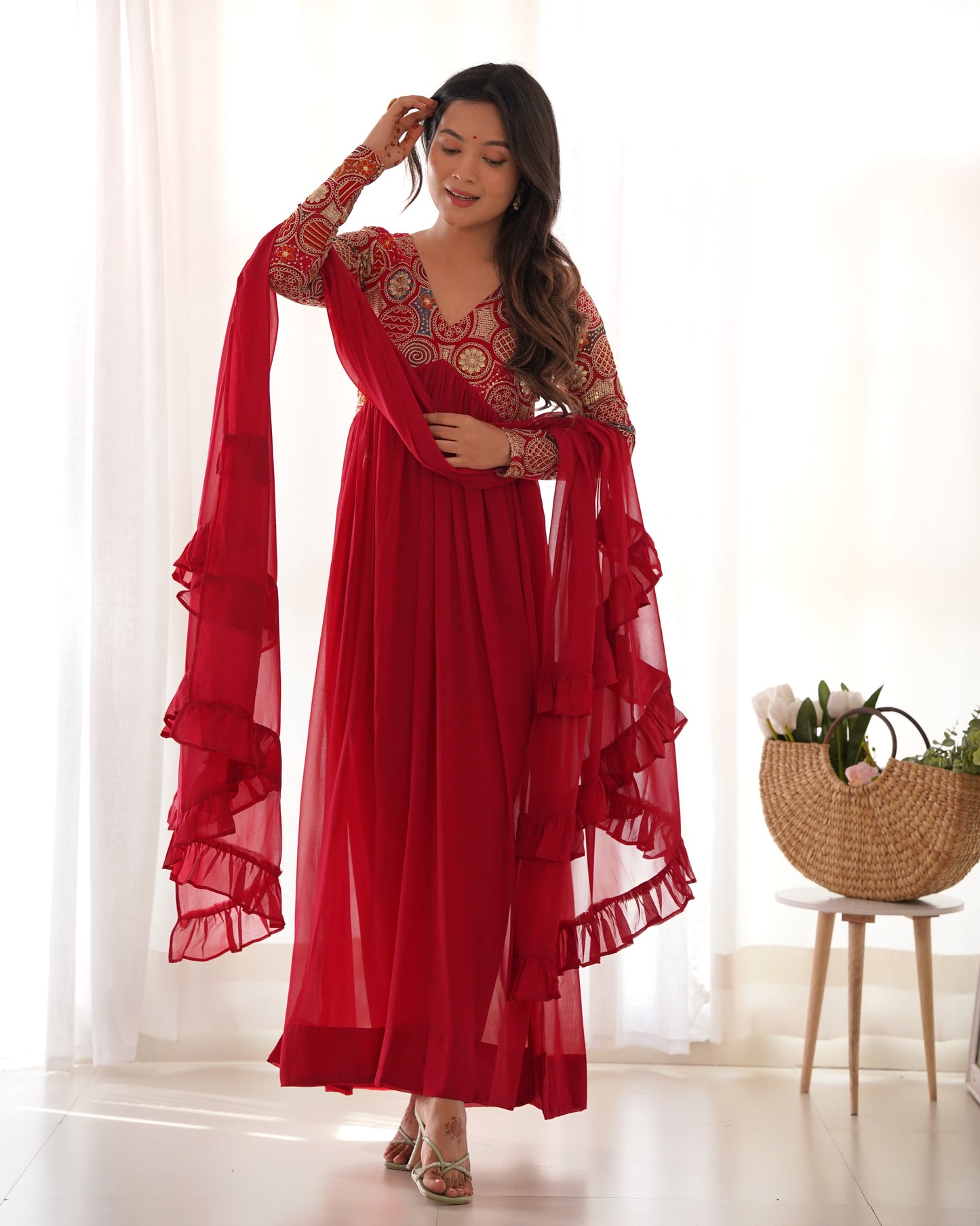 Classy Red Faux Georgette Sequins Dori Thread Zari Worked Anarkali Pant Suit - Ethnicwish