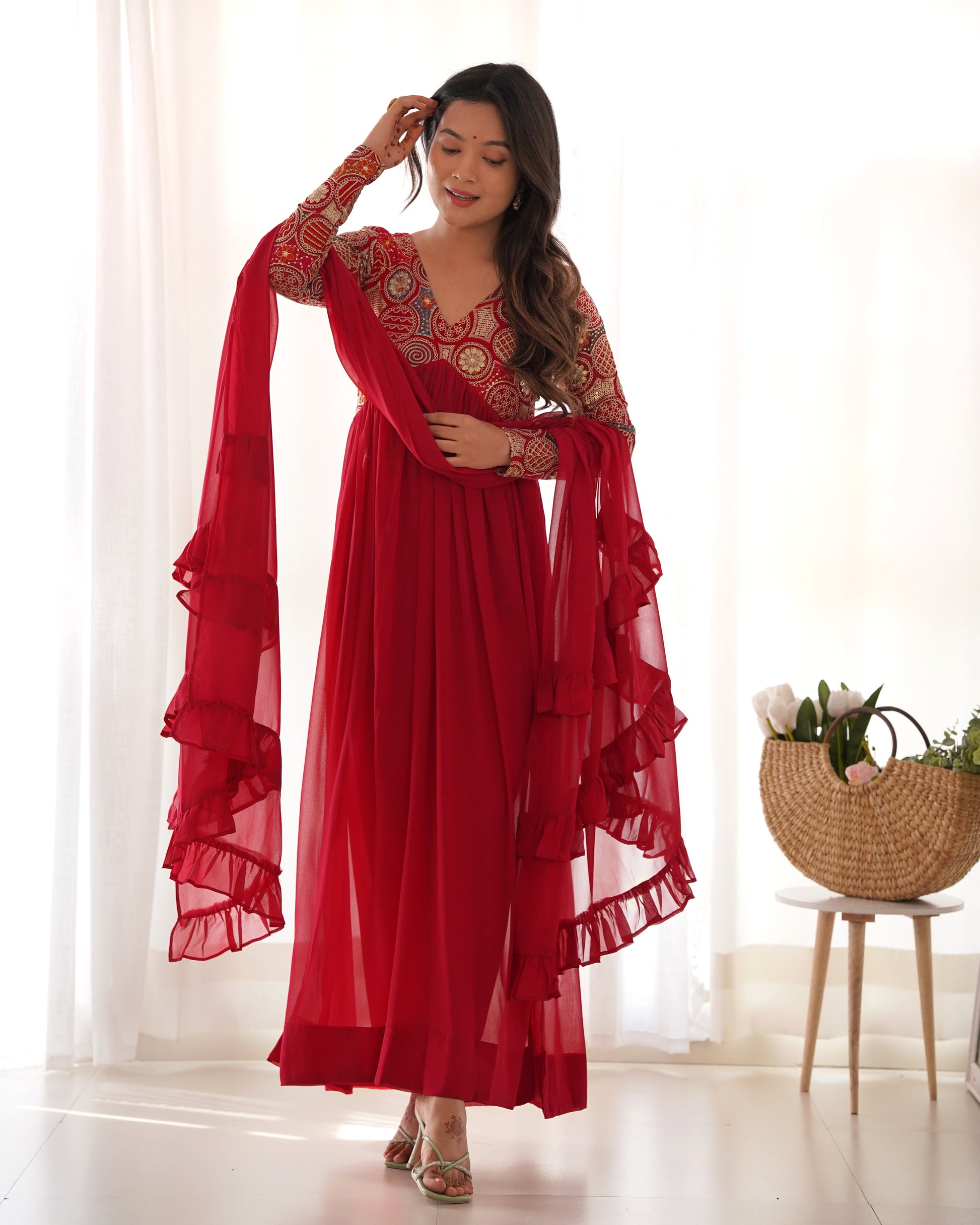Classy Red Faux Georgette Sequins Dori Thread Zari Worked Anarkali Pant Suit - Ethnicwish