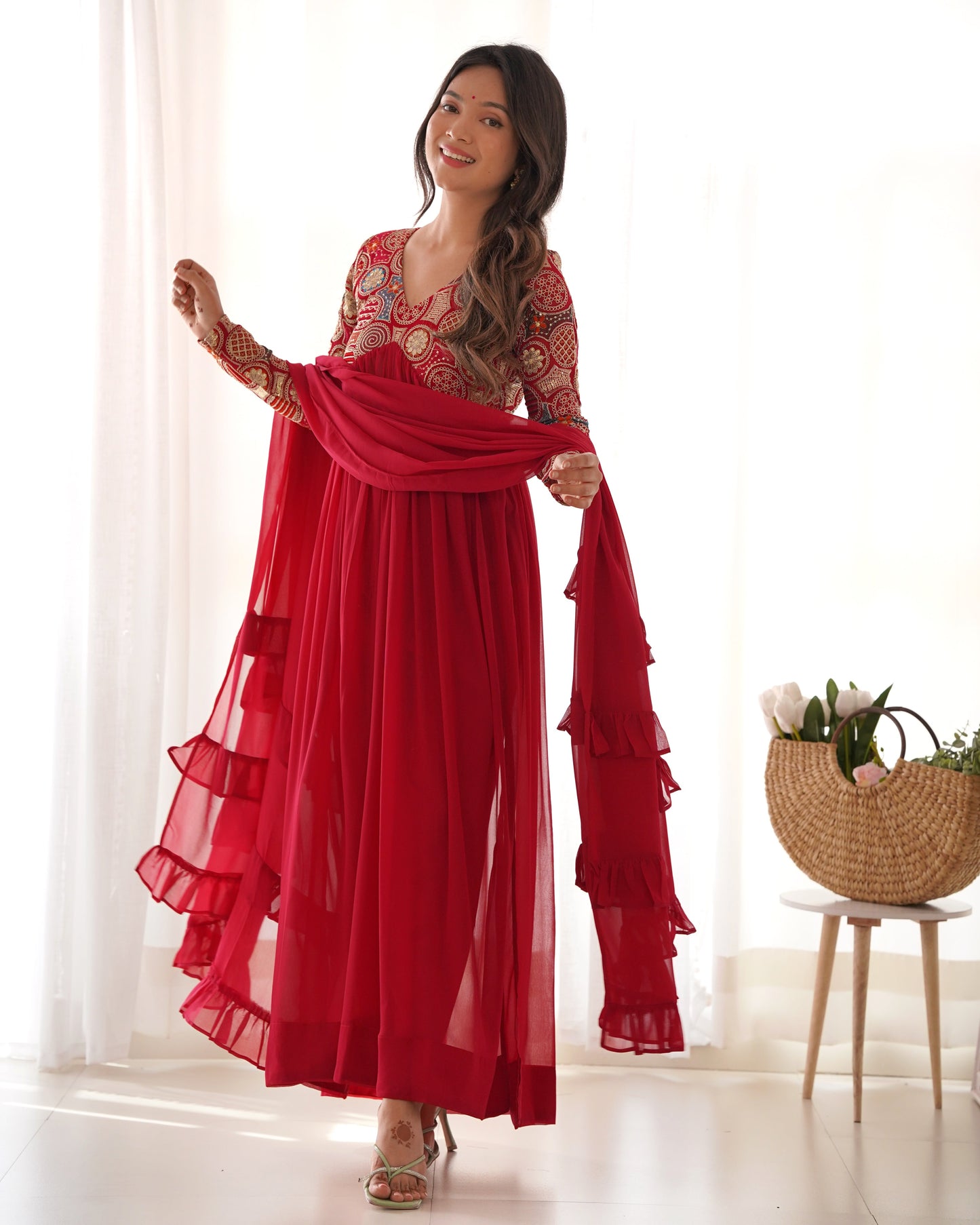 Classy Red Faux Georgette Sequins Dori Thread Zari Worked Anarkali Pant Suit - Ethnicwish
