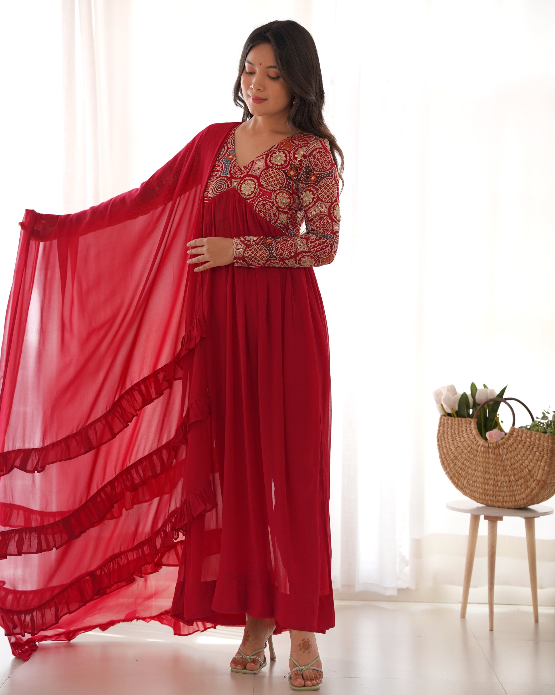Classy Red Faux Georgette Sequins Dori Thread Zari Worked Anarkali Pant Suit - Ethnicwish