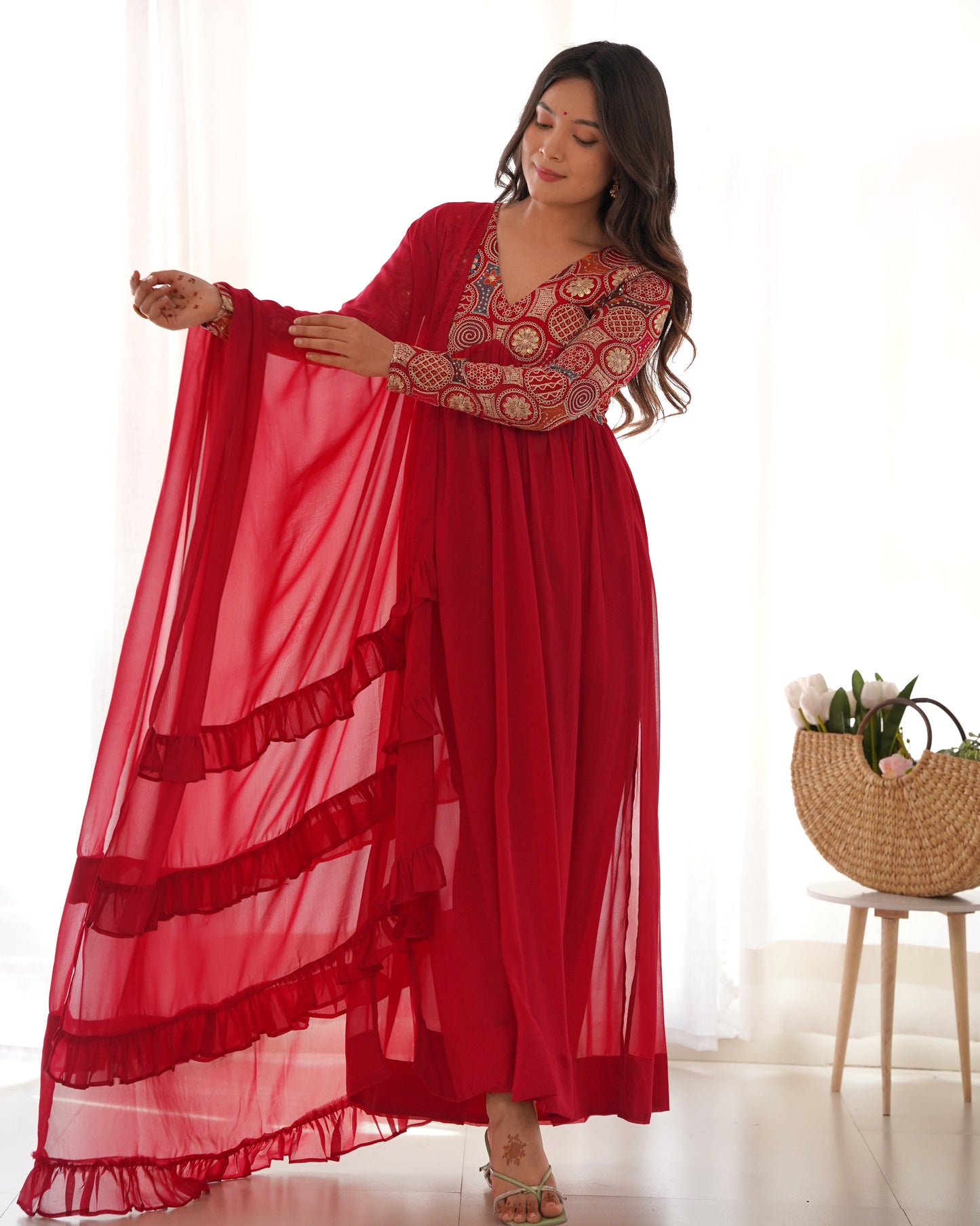 Classy Red Faux Georgette Sequins Dori Thread Zari Worked Anarkali Pant Suit - Ethnicwish