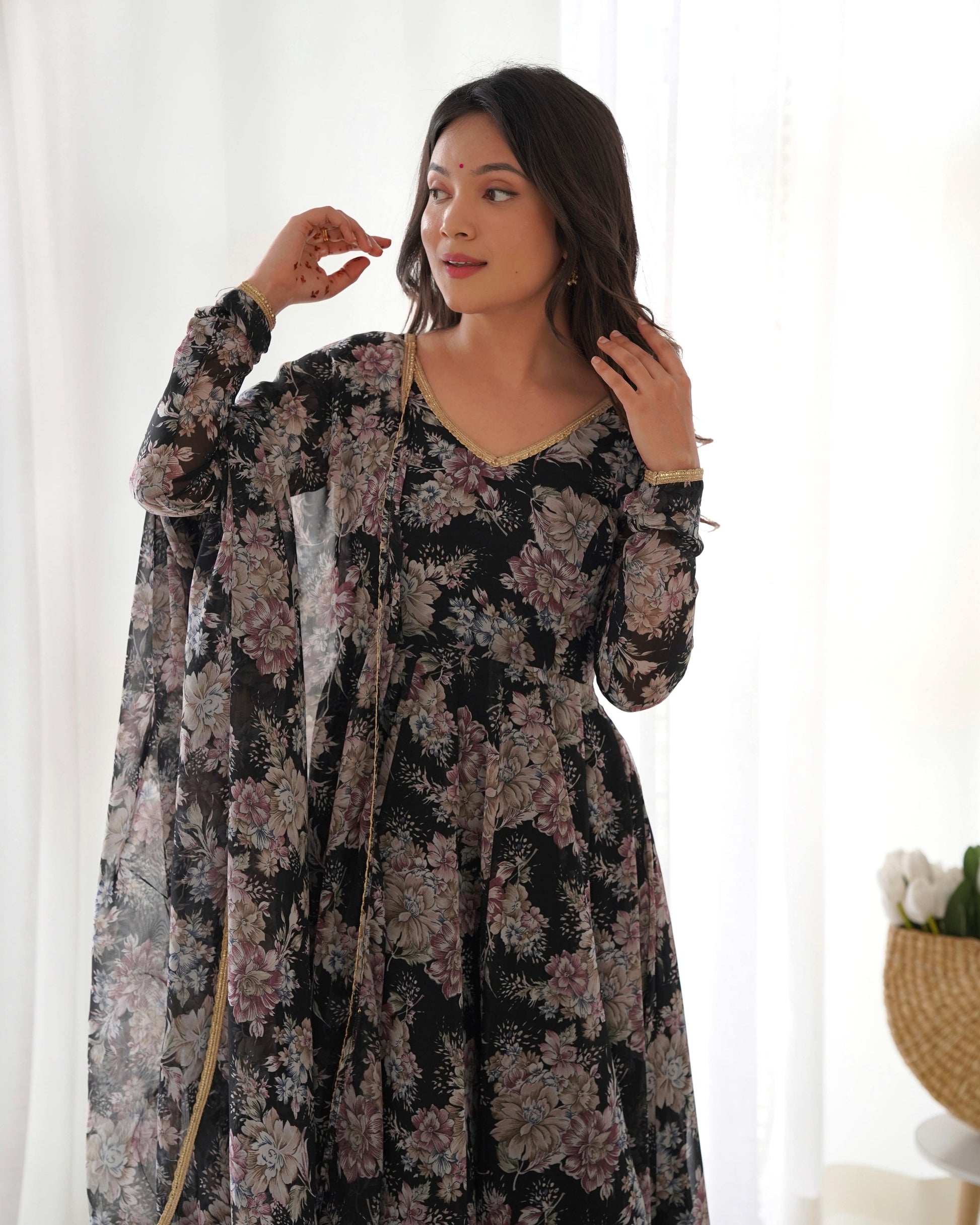Captivating Black Floral Printed Fully Stitched Designer Anarkali Pant Suit - Ethnicwish
