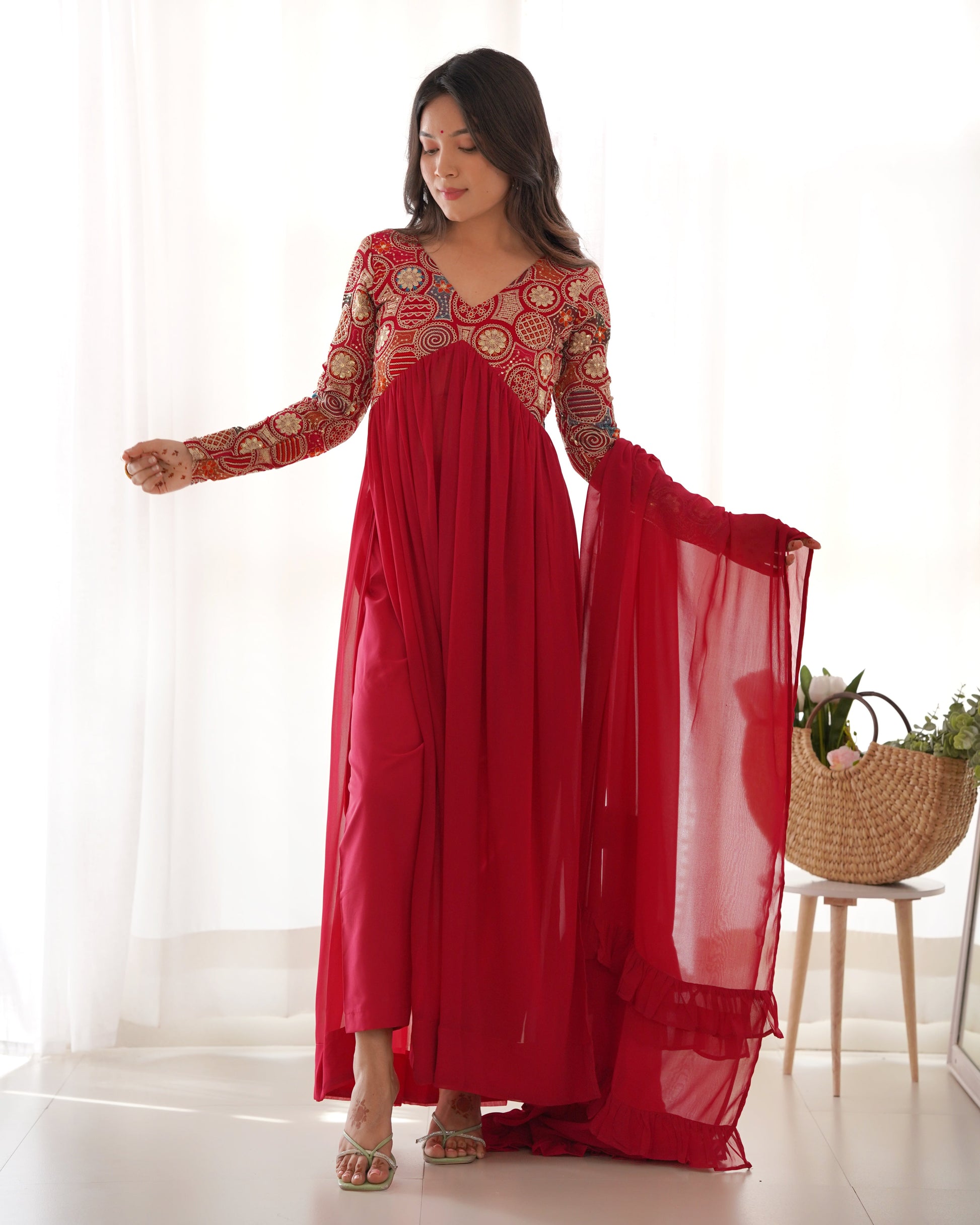 Classy Red Faux Georgette Sequins Dori Thread Zari Worked Anarkali Pant Suit - Ethnicwish