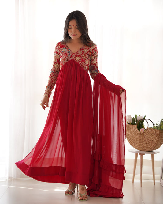 Classy Red Faux Georgette Sequins Dori Thread Zari Worked Anarkali Pant Suit - Ethnicwish