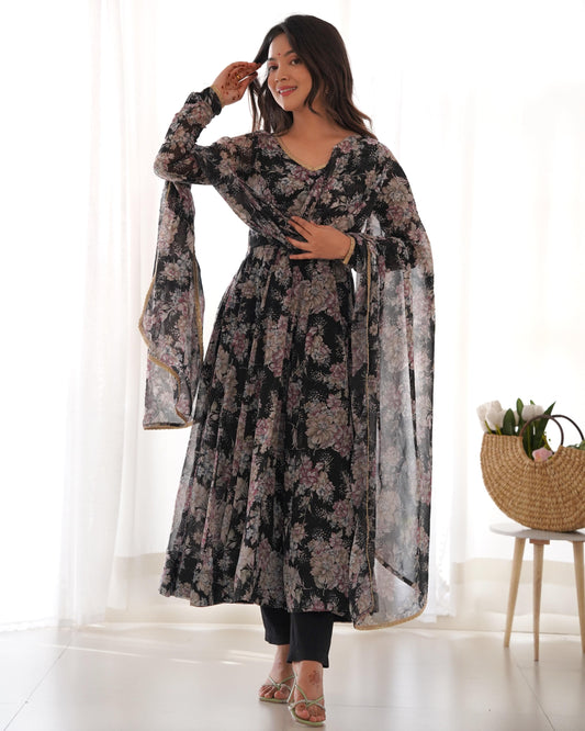 Captivating Black Floral Printed Fully Stitched Designer Anarkali Pant Suit - Ethnicwish