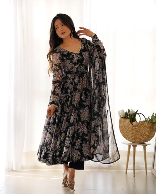 Captivating Black Floral Printed Fully Stitched Designer Anarkali Pant Suit - Ethnicwish