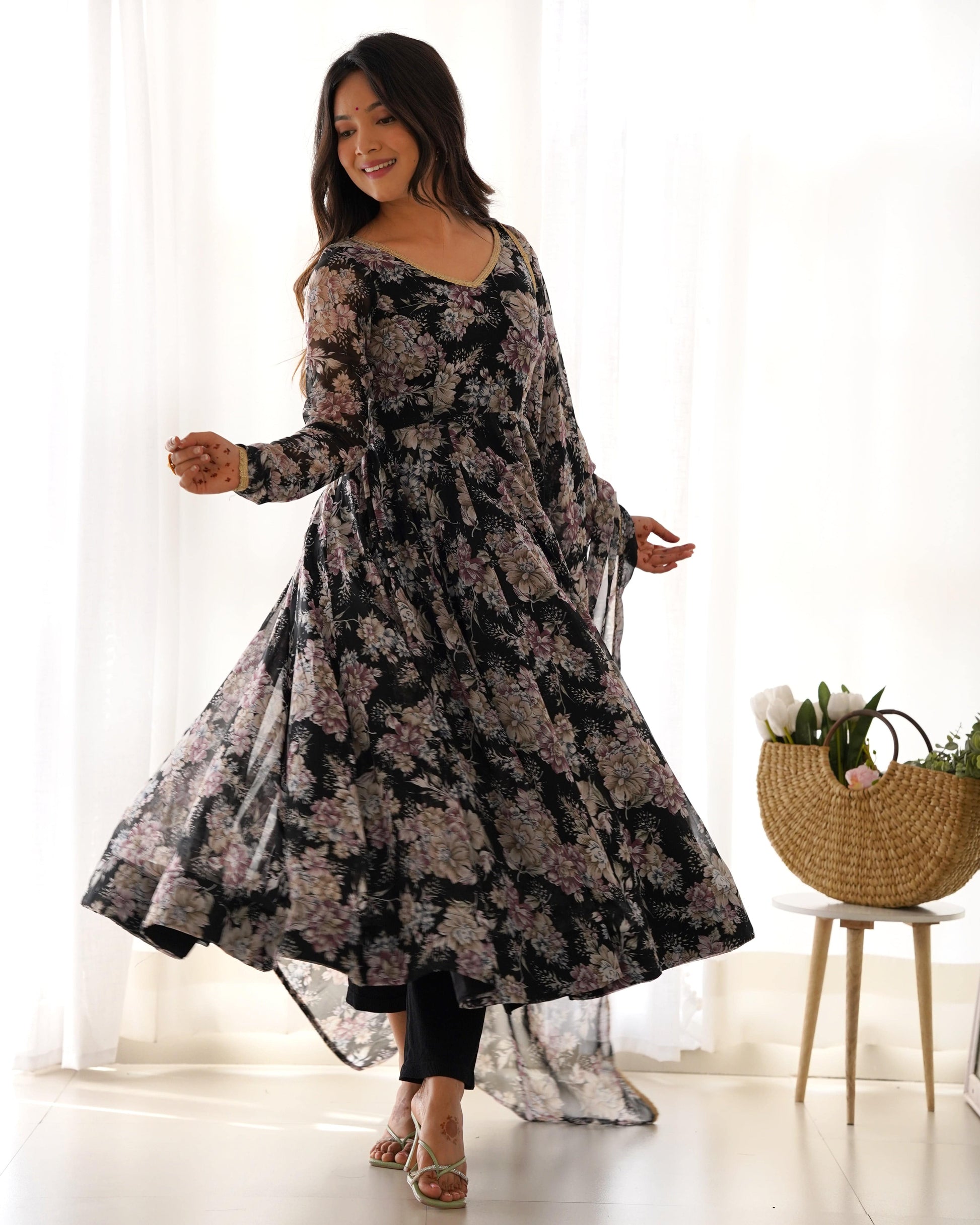 Captivating Black Floral Printed Fully Stitched Designer Anarkali Pant Suit - Ethnicwish
