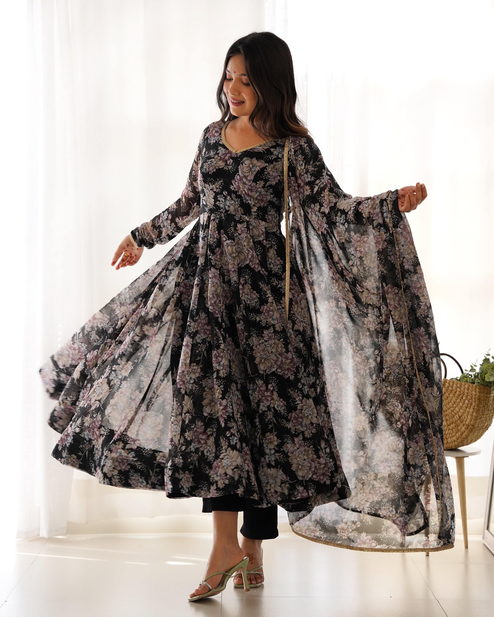 Captivating Black Floral Printed Fully Stitched Designer Anarkali Pant Suit - Ethnicwish