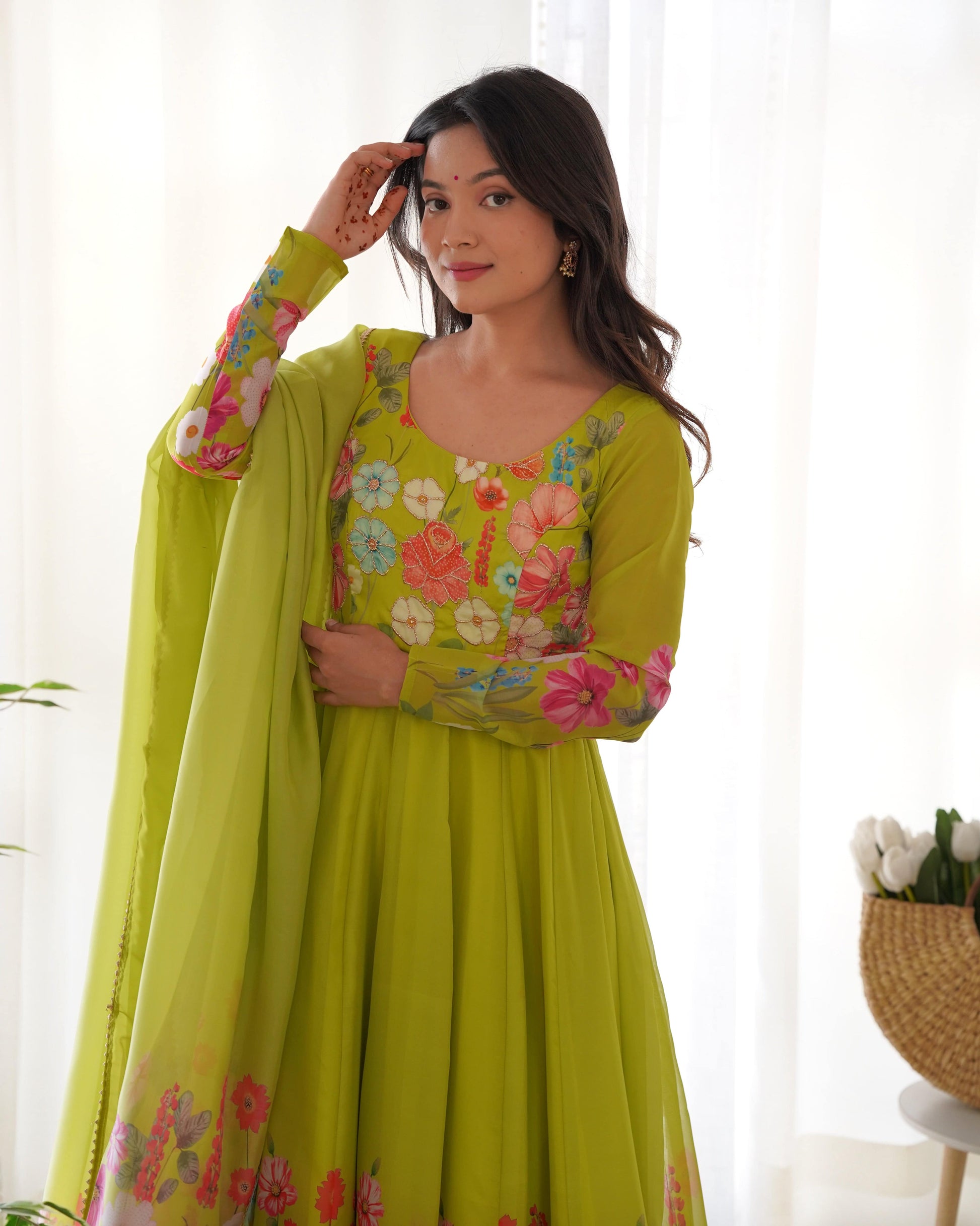 Breathtaking Organza Silk Floral Printed Designer Anarkali Pant Suit - Ethnicwish