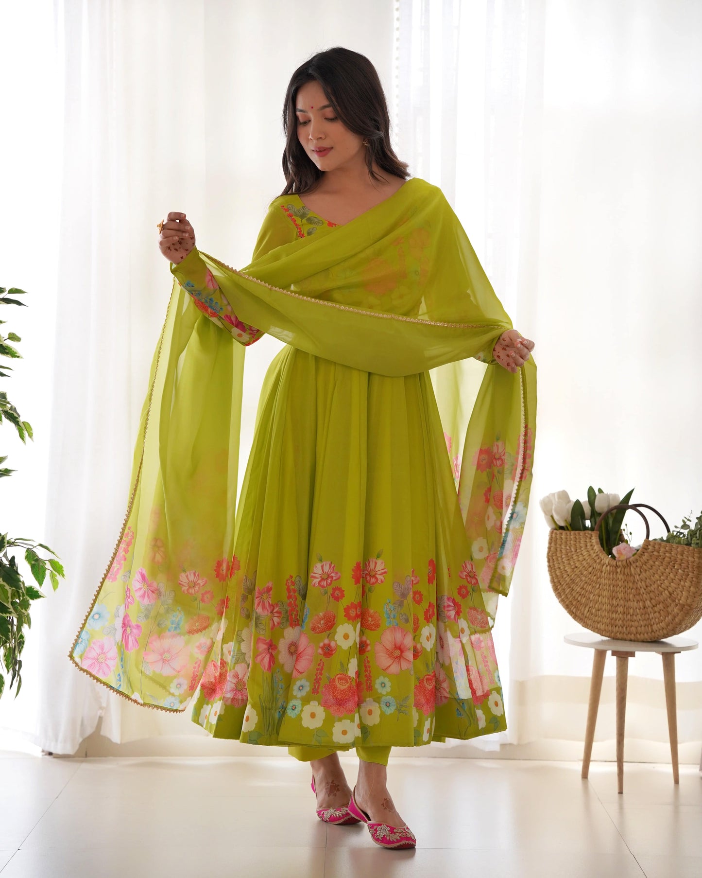 Breathtaking Organza Silk Floral Printed Designer Anarkali Pant Suit - Ethnicwish