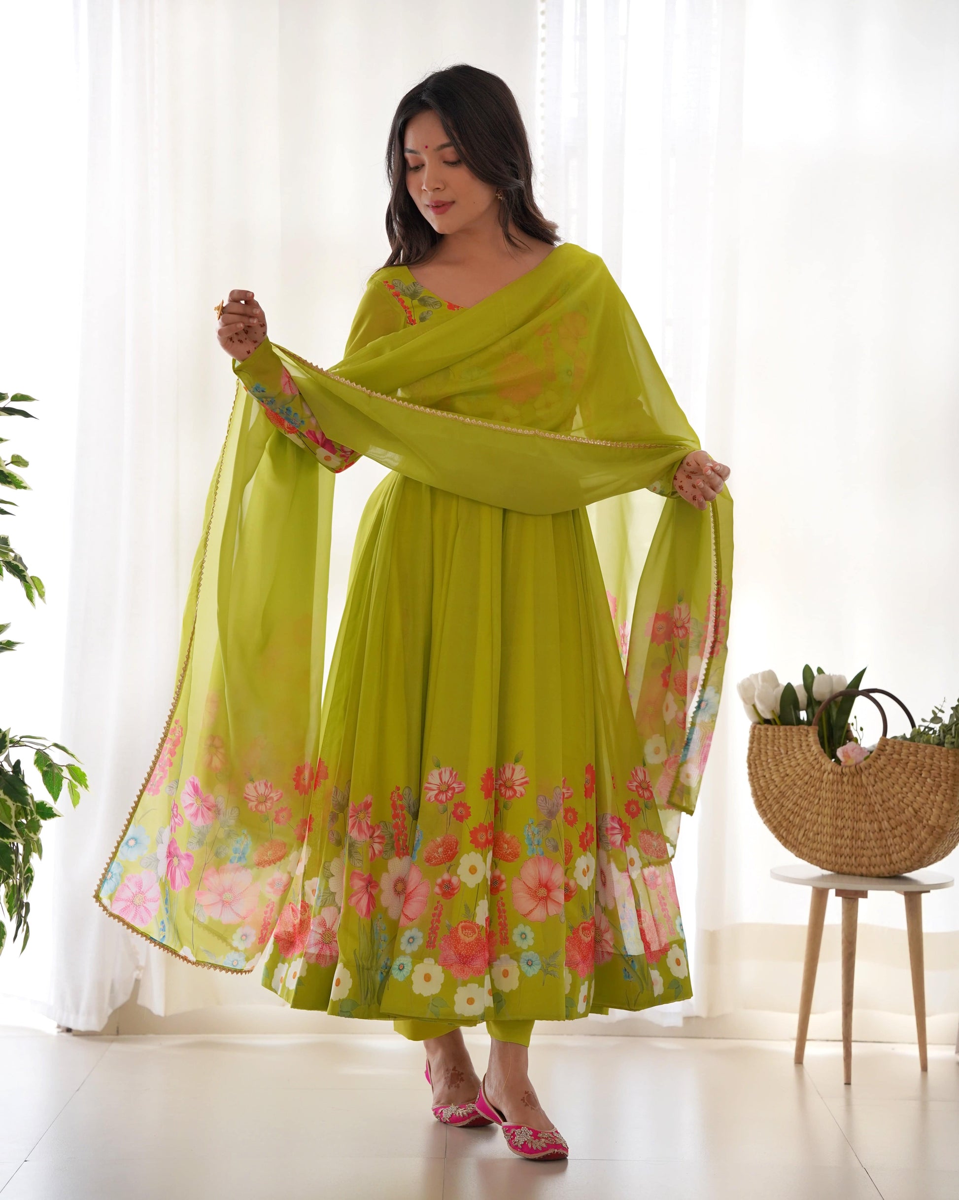 Breathtaking Organza Silk Floral Printed Designer Anarkali Pant Suit - Ethnicwish