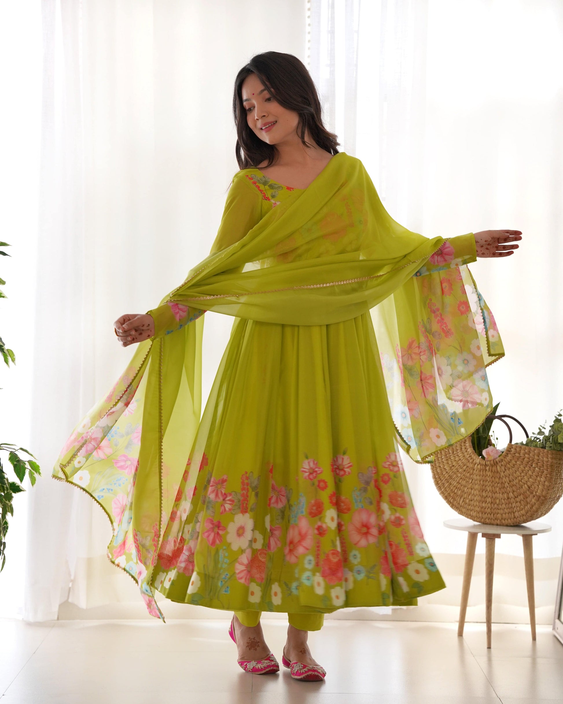 Breathtaking Organza Silk Floral Printed Designer Anarkali Pant Suit - Ethnicwish