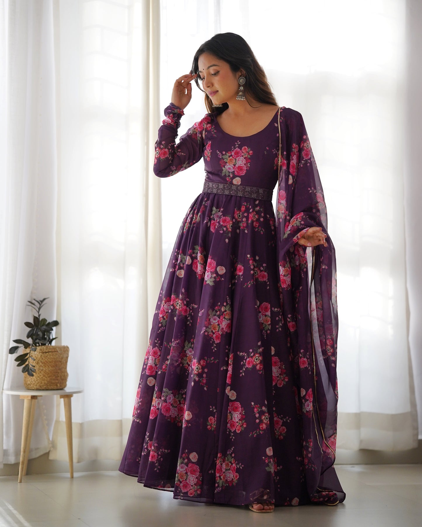 Glamorous Organza Silk Floral Printed Designer Anarkali Pant Suit - Ethnicwish