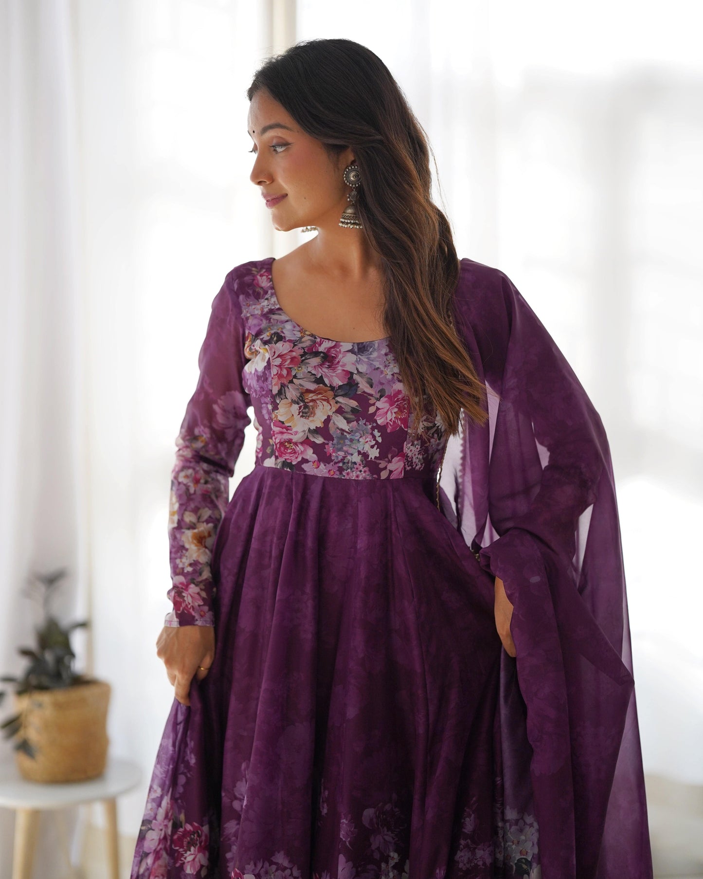 Lovely Organza Silk Floral Digital Printed Anarkali Pant Suit - Ethnicwish