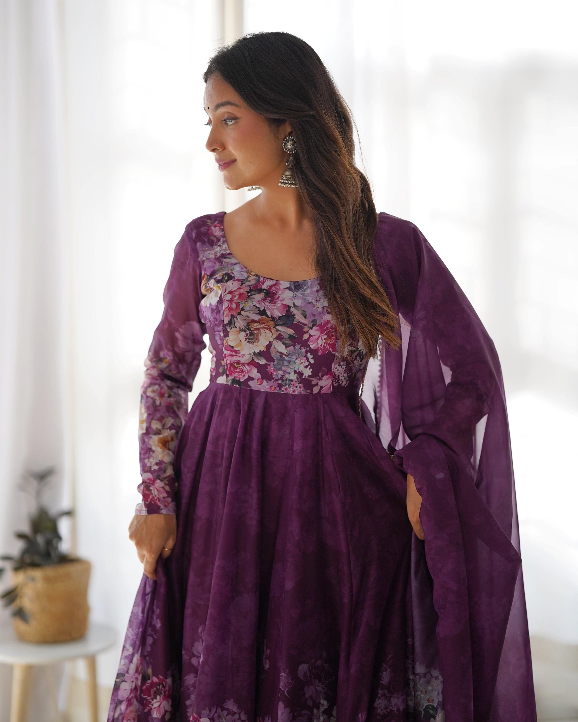Lovely Organza Silk Floral Digital Printed Anarkali Pant Suit - Ethnicwish