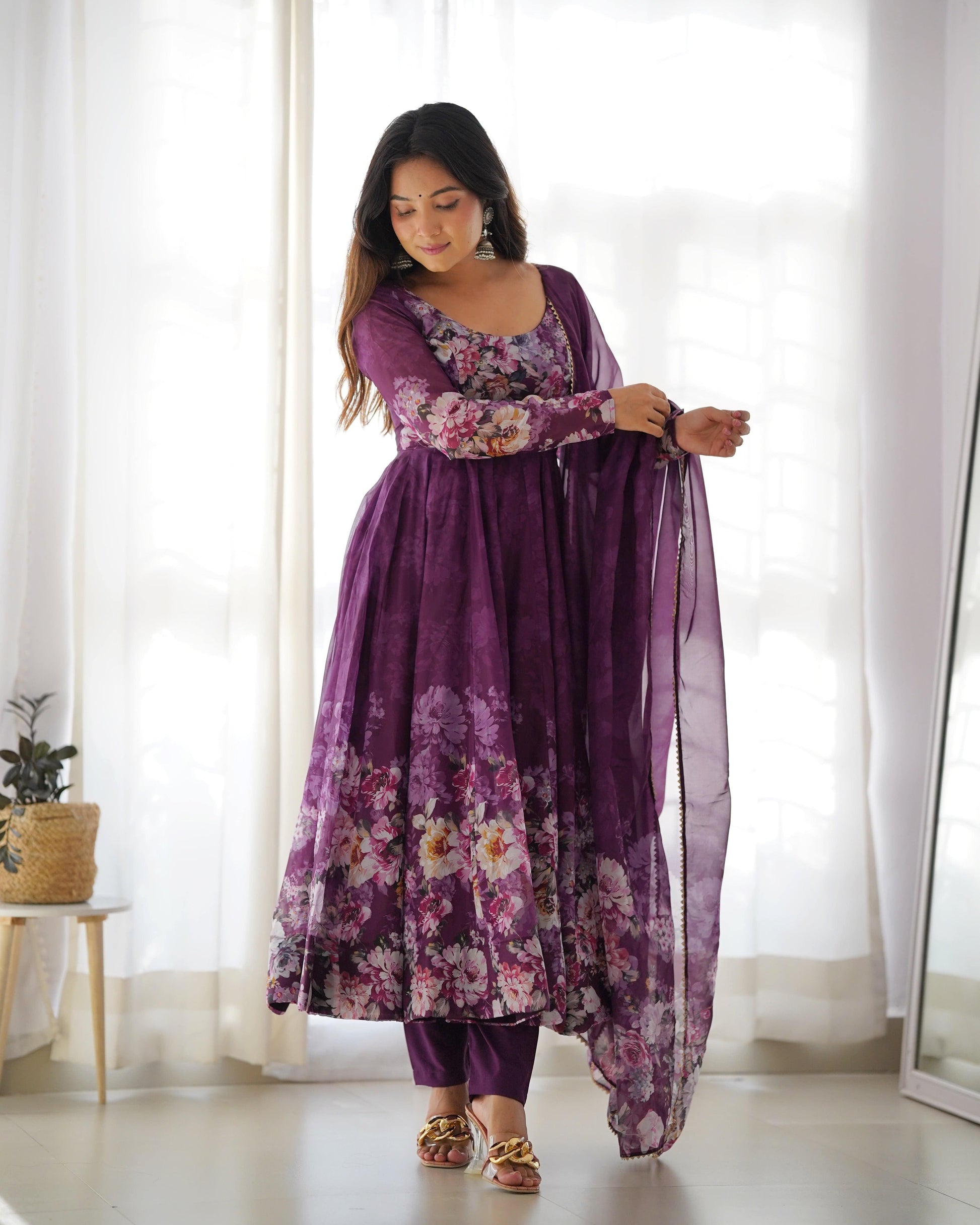 Lovely Organza Silk Floral Digital Printed Anarkali Pant Suit - Ethnicwish