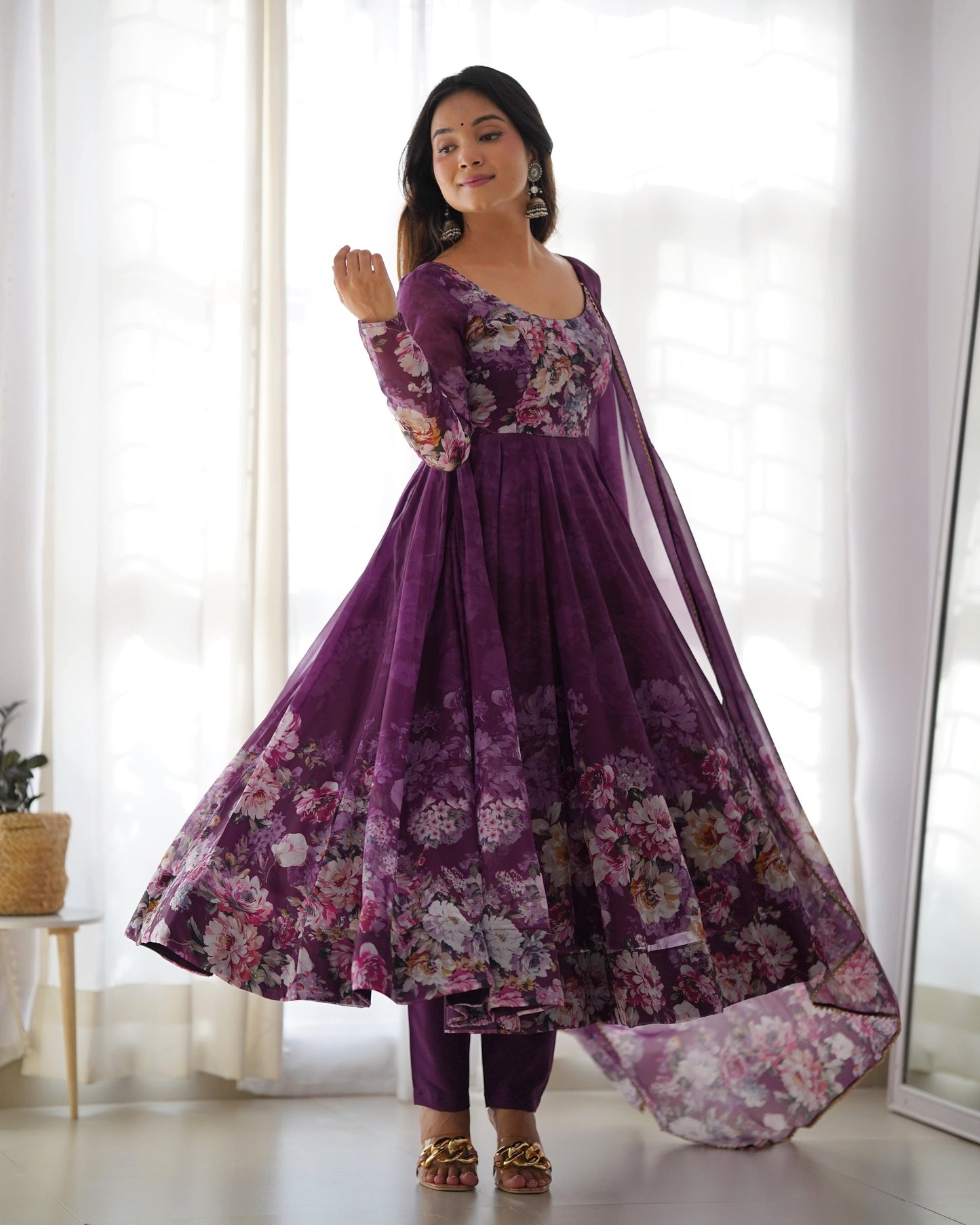Lovely Organza Silk Floral Digital Printed Anarkali Pant Suit - Ethnicwish