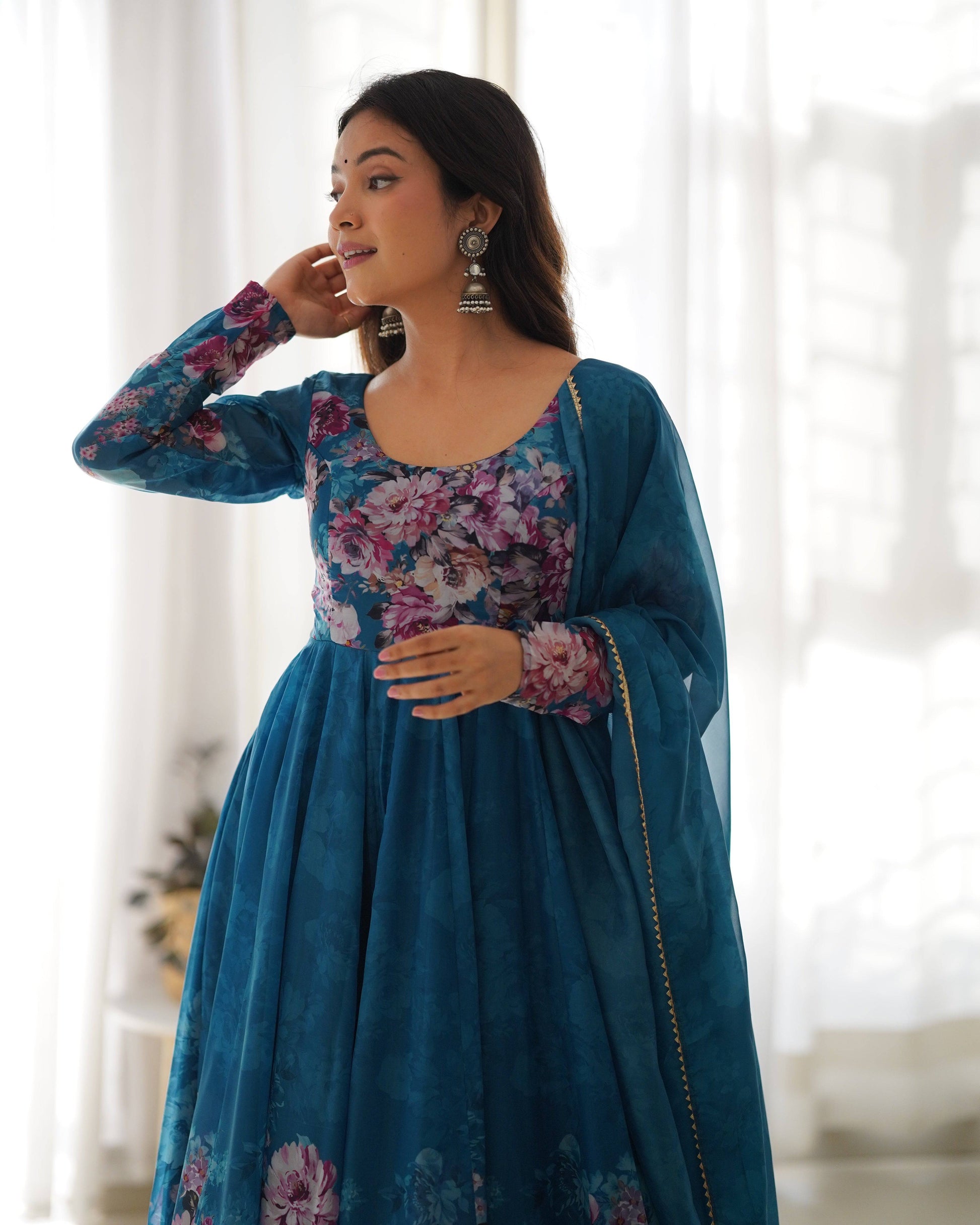 Lovely Organza Silk Floral Digital Printed Anarkali Pant Suit - Ethnicwish