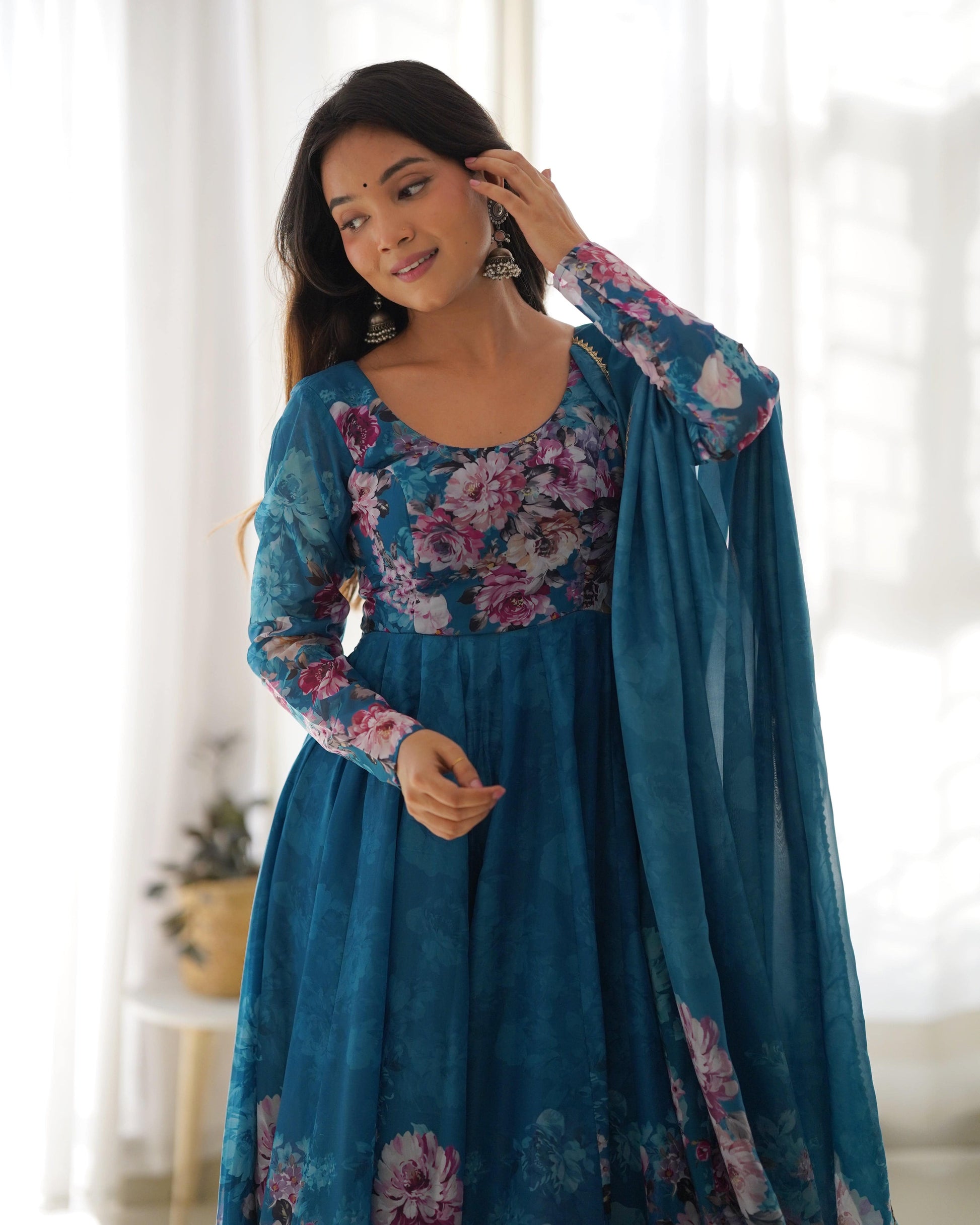 Lovely Organza Silk Floral Digital Printed Anarkali Pant Suit - Ethnicwish