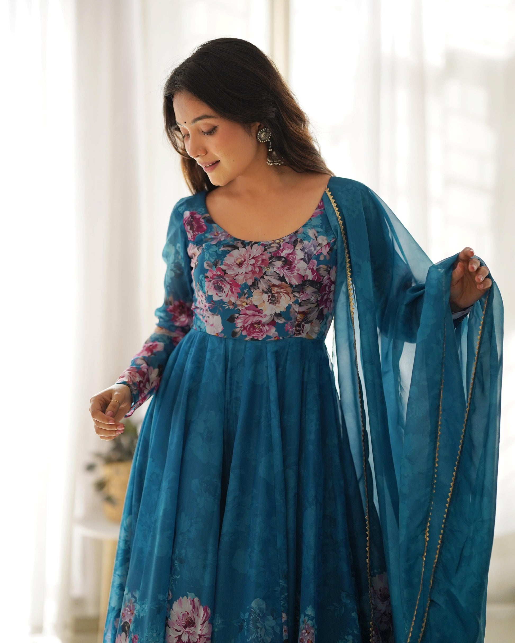 Lovely Organza Silk Floral Digital Printed Anarkali Pant Suit - Ethnicwish