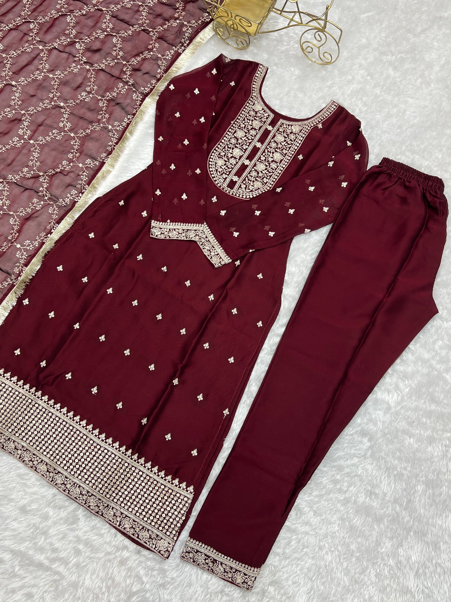 Appealing Rangoli Silk Sequins Embroidered Straight Top Pant Suit - Ethnicwish