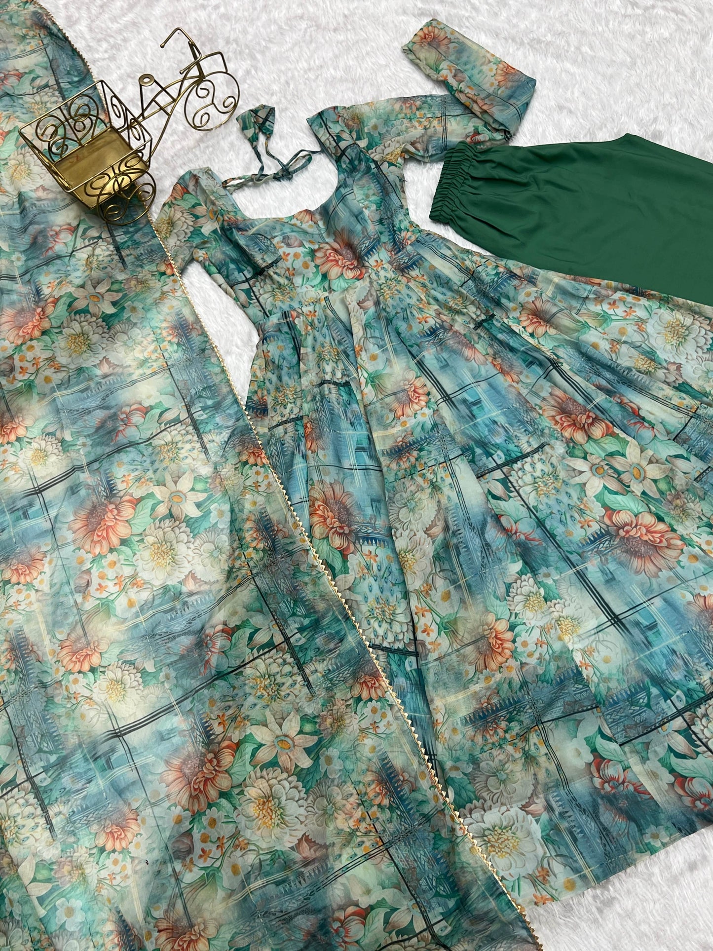 Graceful Organza Silk Intricate Printed Fully Stitched Anarkali Pant Suit - Ethnicwish