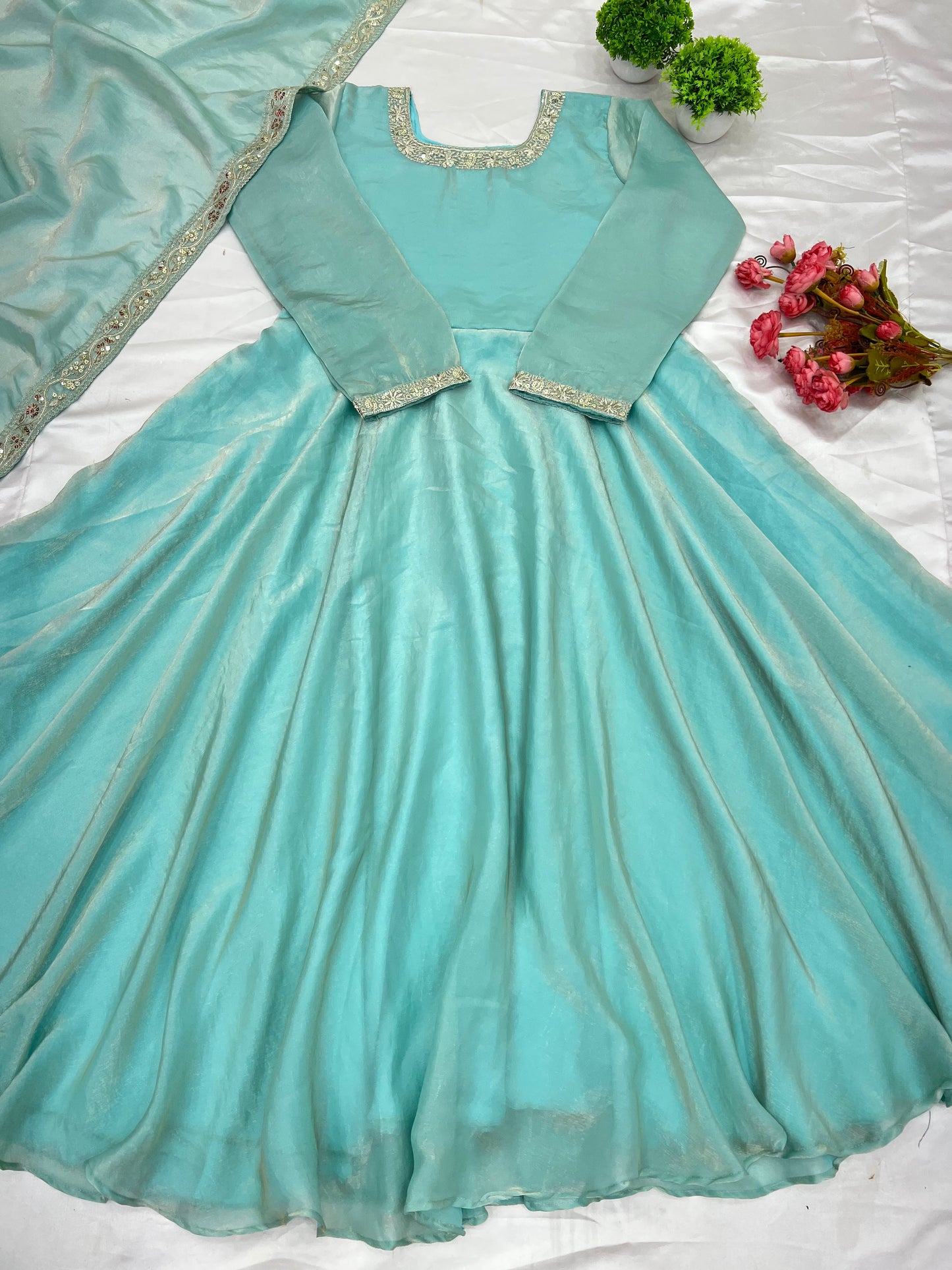 Gorgeous Fendi Silk Sequins Embroidered Fully Stitched Anarkali With Dupatta