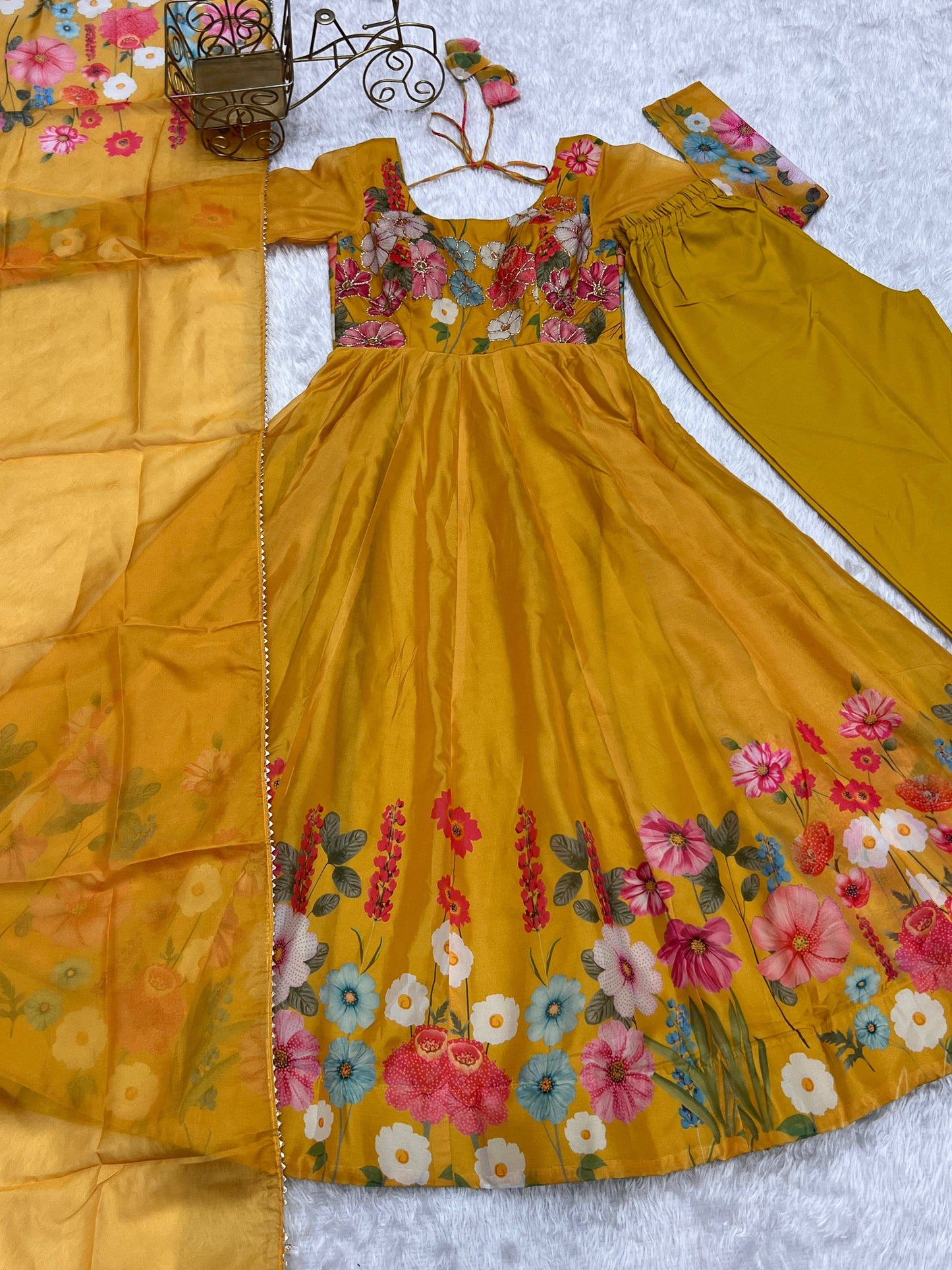 Breathtaking Organza Silk Floral Printed Designer Anarkali Pant Suit - Ethnicwish