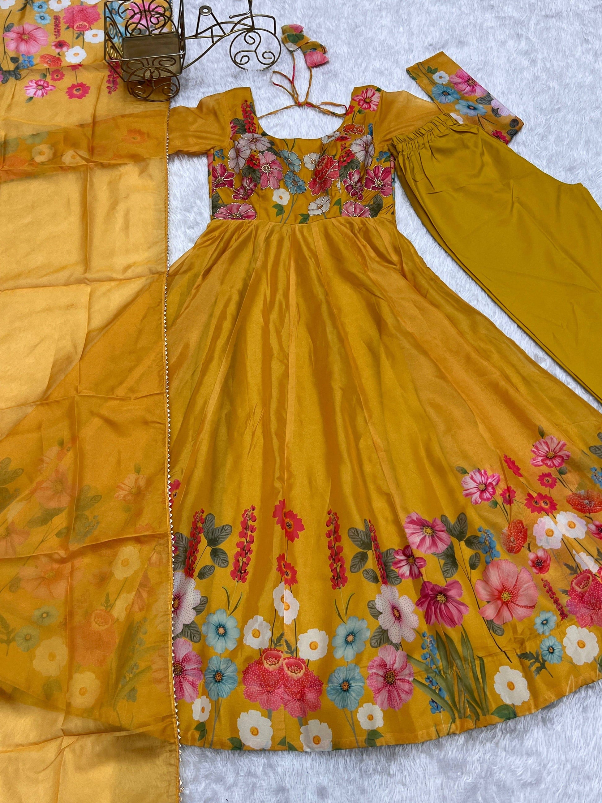 Breathtaking Organza Silk Floral Printed Designer Anarkali Pant Suit - Ethnicwish