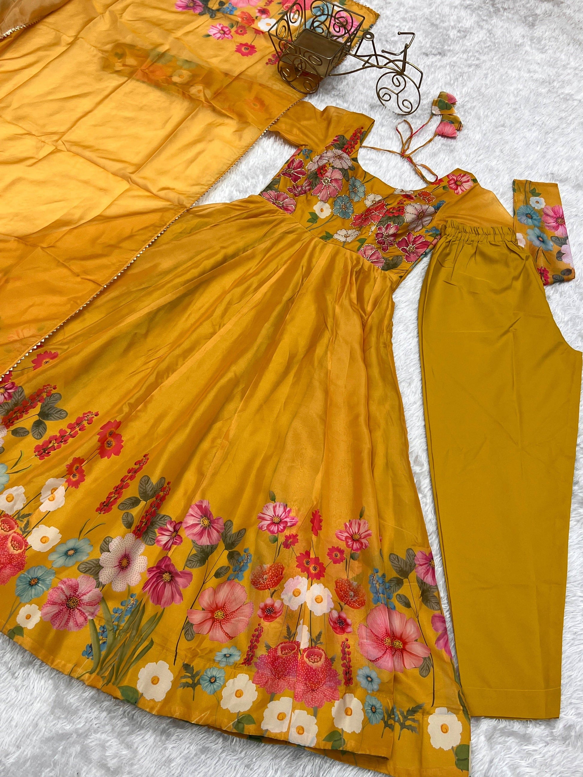 Breathtaking Organza Silk Floral Printed Designer Anarkali Pant Suit - Ethnicwish